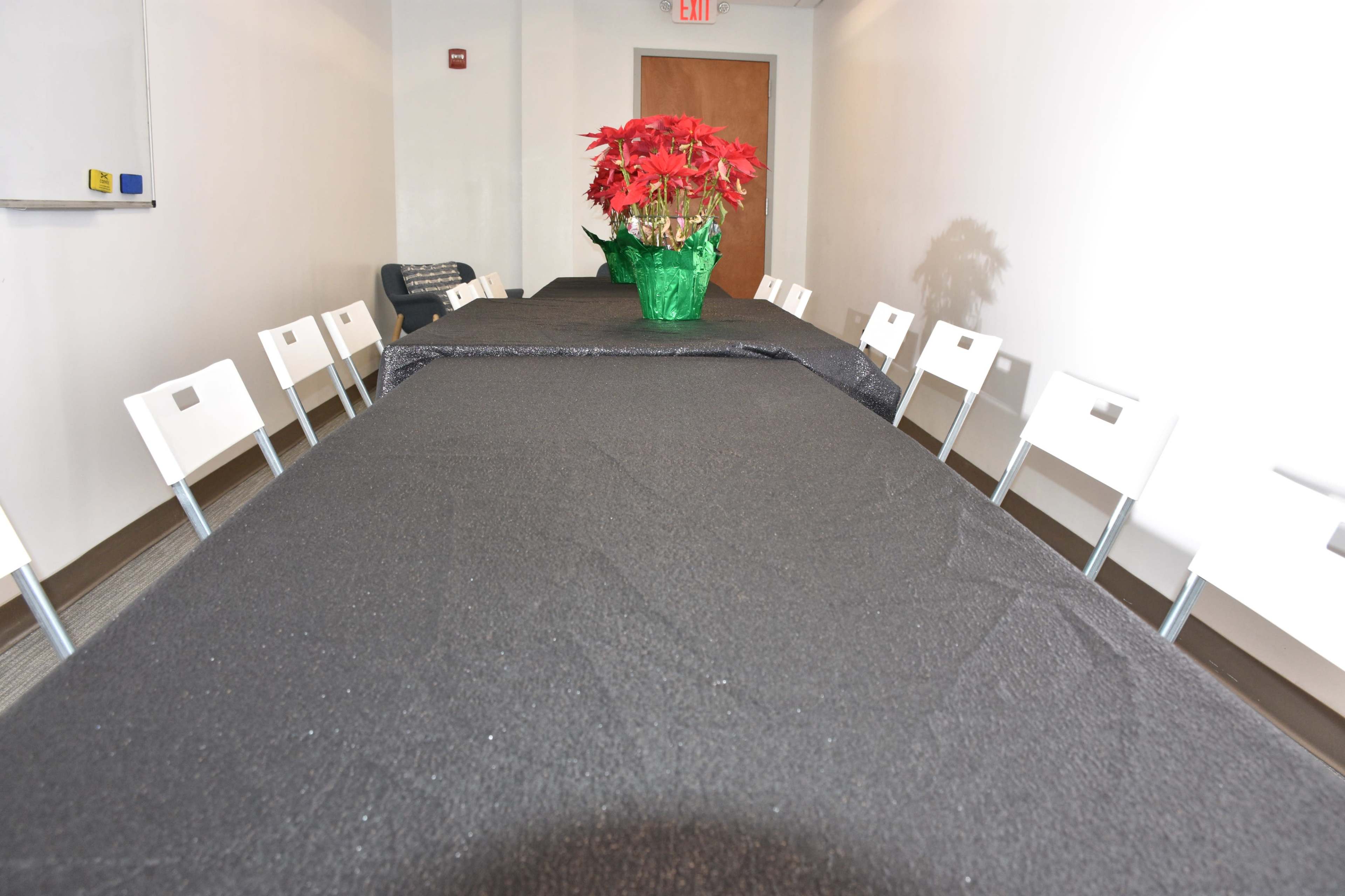 A long table covered with a black cloth is set up in a bright room, featuring a green potted plant with red flowers at its center.