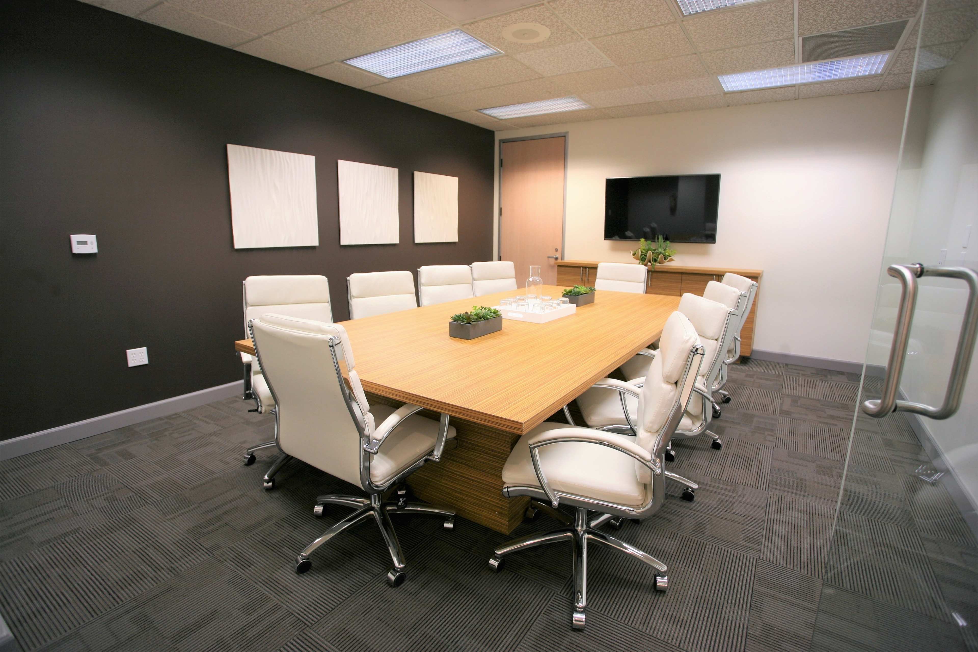 A modern conference room features a large wooden table surrounded by white chairs, with a television and potted plants on the walls.