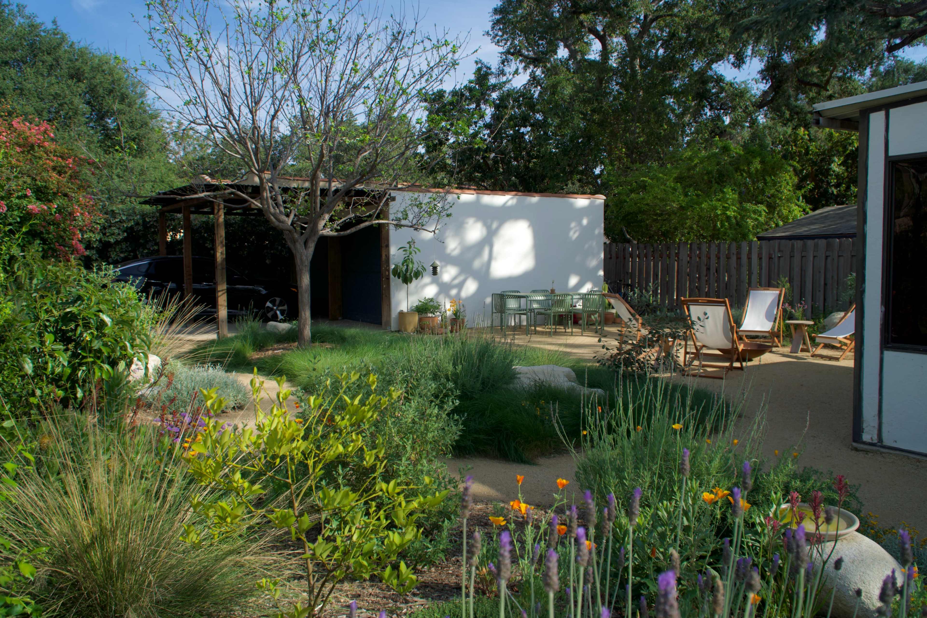 A garden features a variety of plants and flowers surrounding a modern white building, with wooden lounge chairs and a table under a tree.