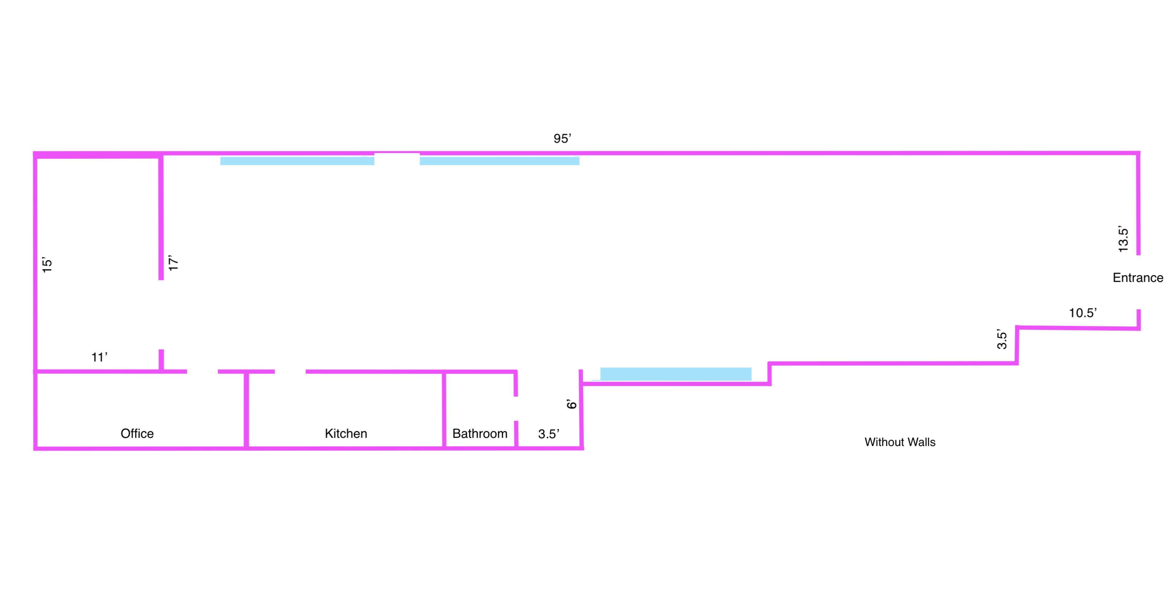 The image shows a floor plan with labeled areas including an entrance, office, kitchen, and bathroom, outlined in pink, with various dimensions provided.