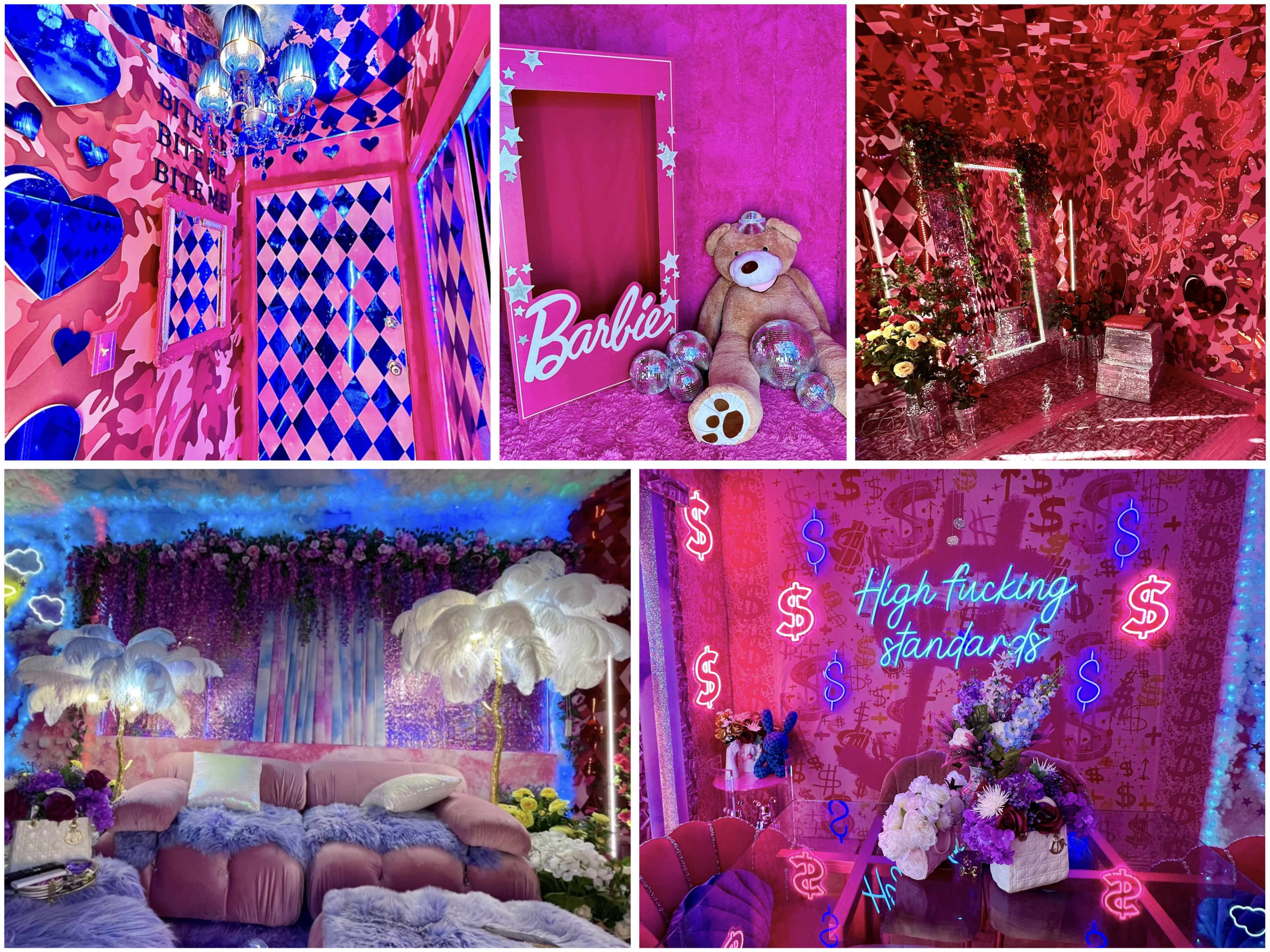 Several vibrant interiors with pink decor, including a room adorned with checkered patterns, a plush teddy bear, floral arrangements, and neon signs.