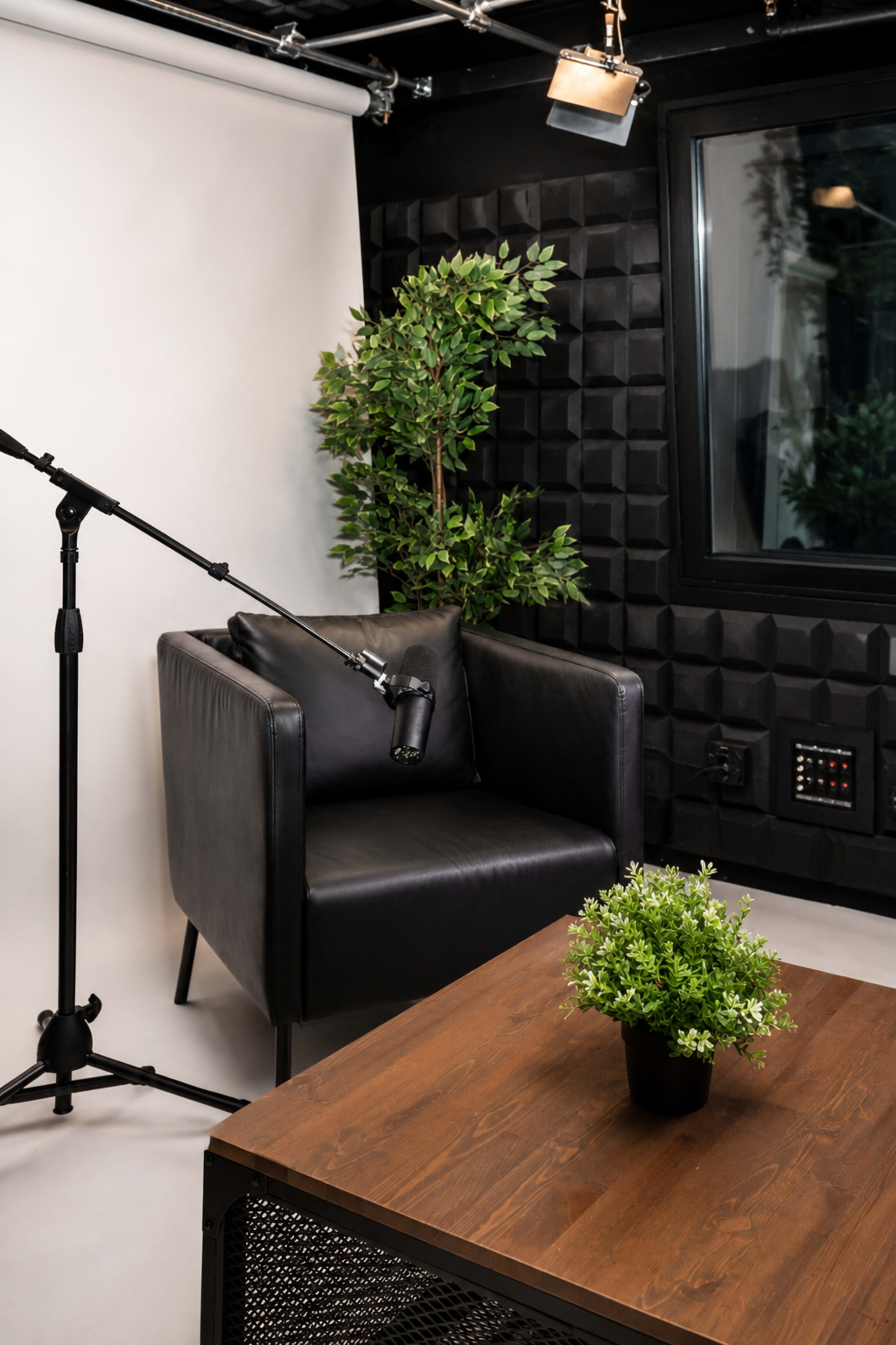 The image shows a modern interviewing space featuring a black leather chair, a microphone on a stand, and a small table with a potted plant.