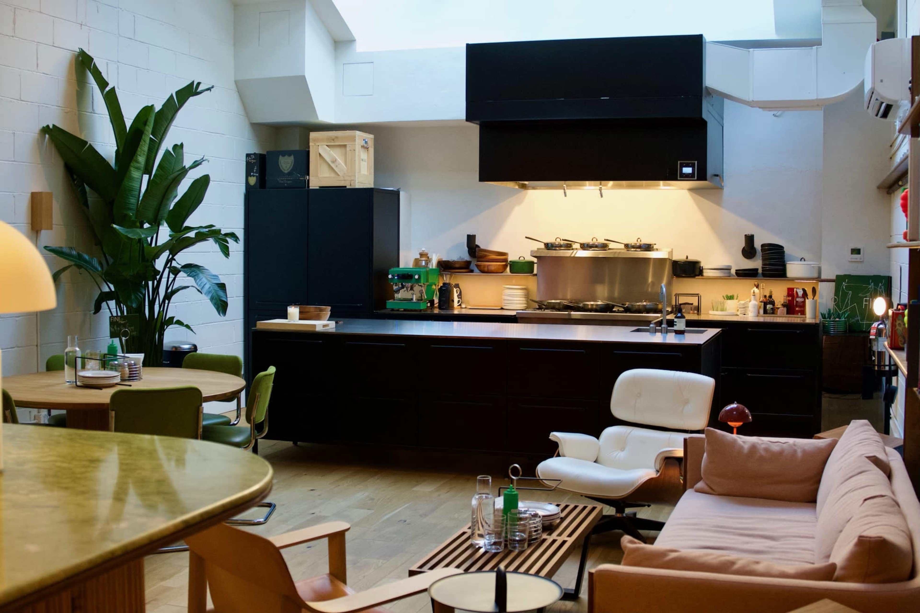 A modern kitchen and living area feature a black kitchen island, light wood flooring, and indoor plants amidst contemporary furnishings.