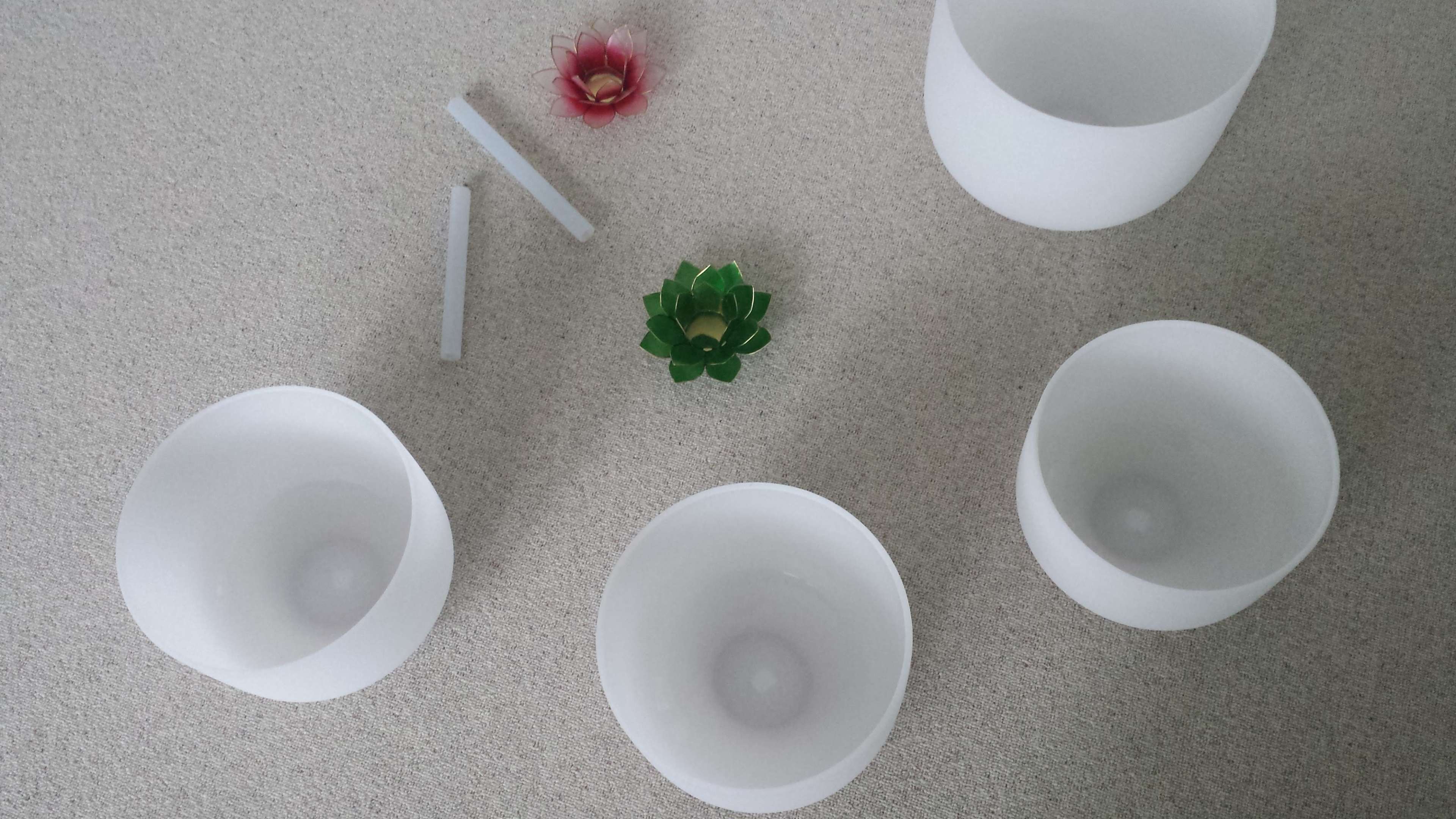 Four white bowls arranged on a flat surface, with two small red flowers, a green decorative plant, and two thin white sticks nearby.