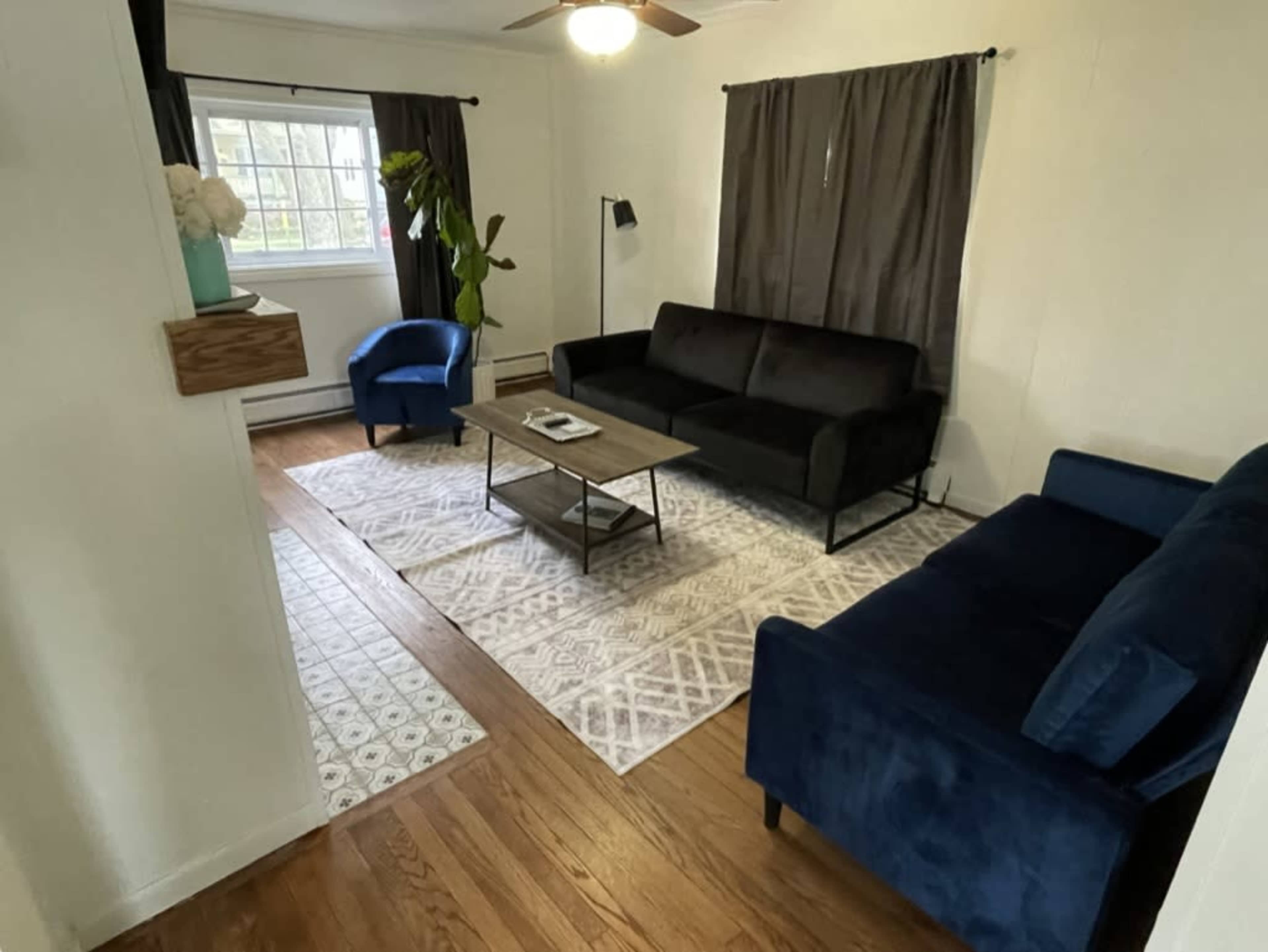 The image shows a living room with two couches, a coffee table, and a plant, featuring wooden flooring and a patterned rug.