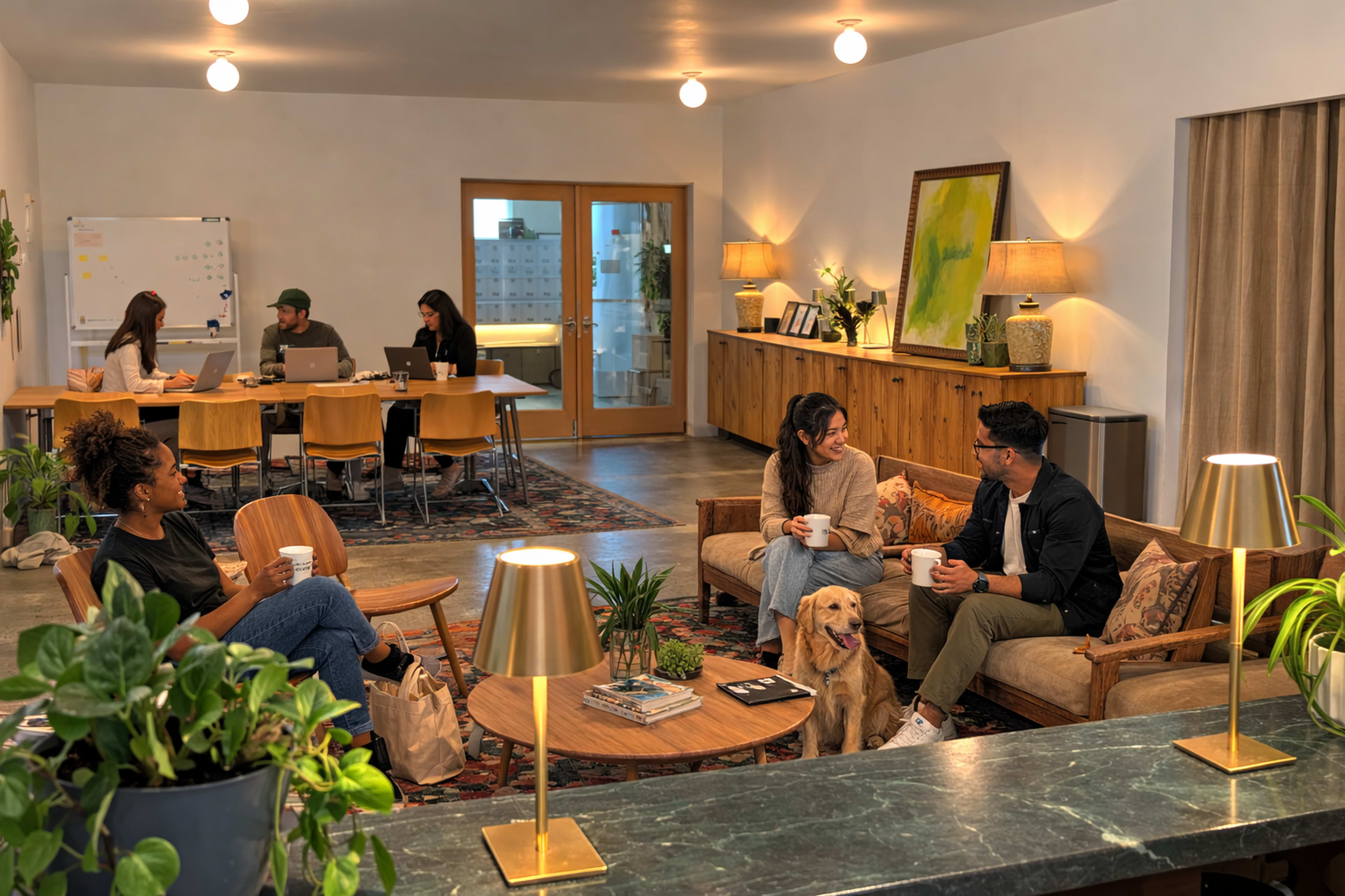 A cozy shared workspace features people engaged in conversation and working at tables, with plants and a dog present in the inviting environment.