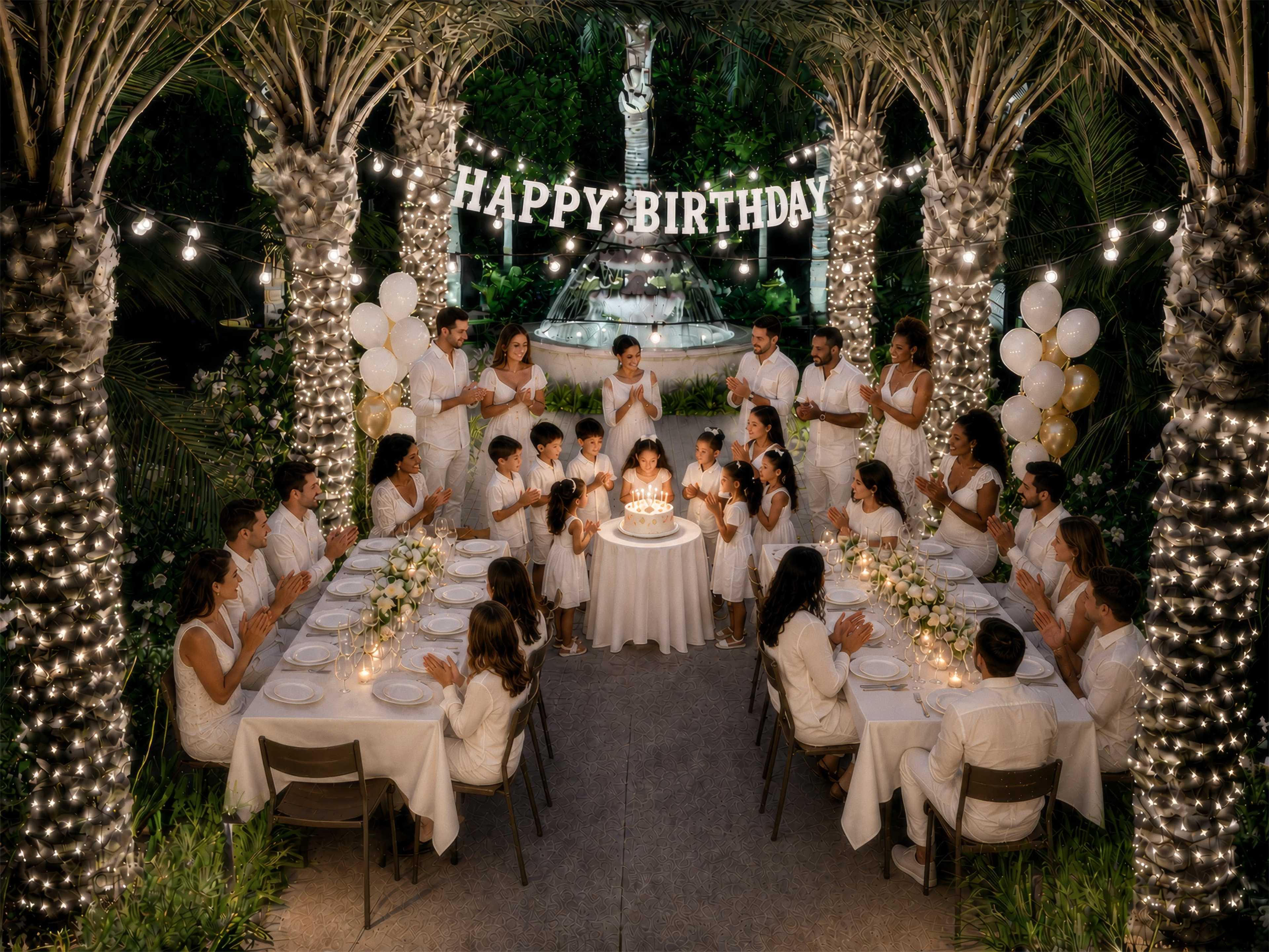 A large group of people dressed in white gather around a circular table adorned with a birthday cake, as they celebrate a birthday in a beautifully decorated outdoor setting.