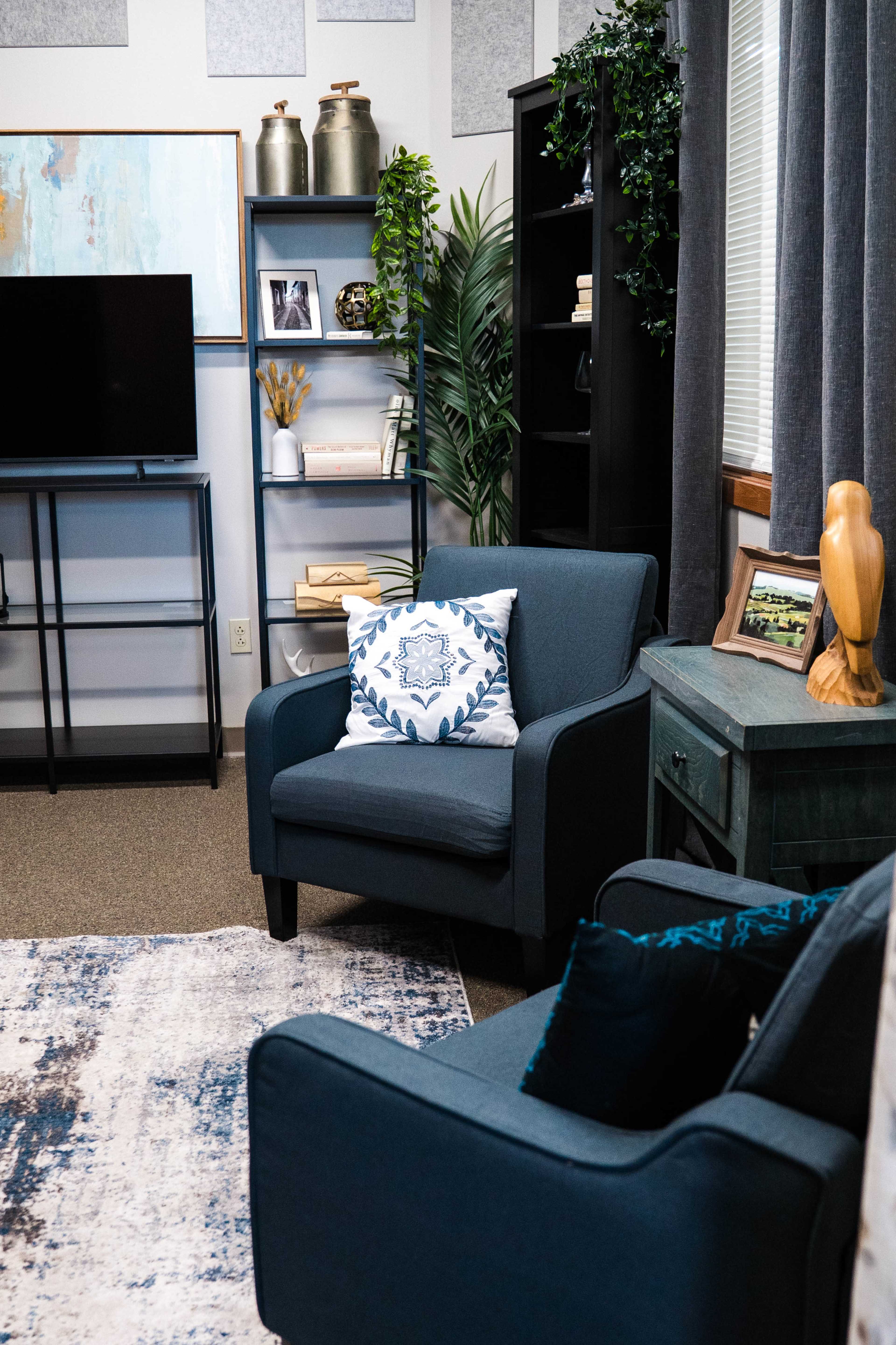 The image captures a cozy room featuring two blue chairs, a television on a stand, bookshelves with decor, and a large rug underfoot.