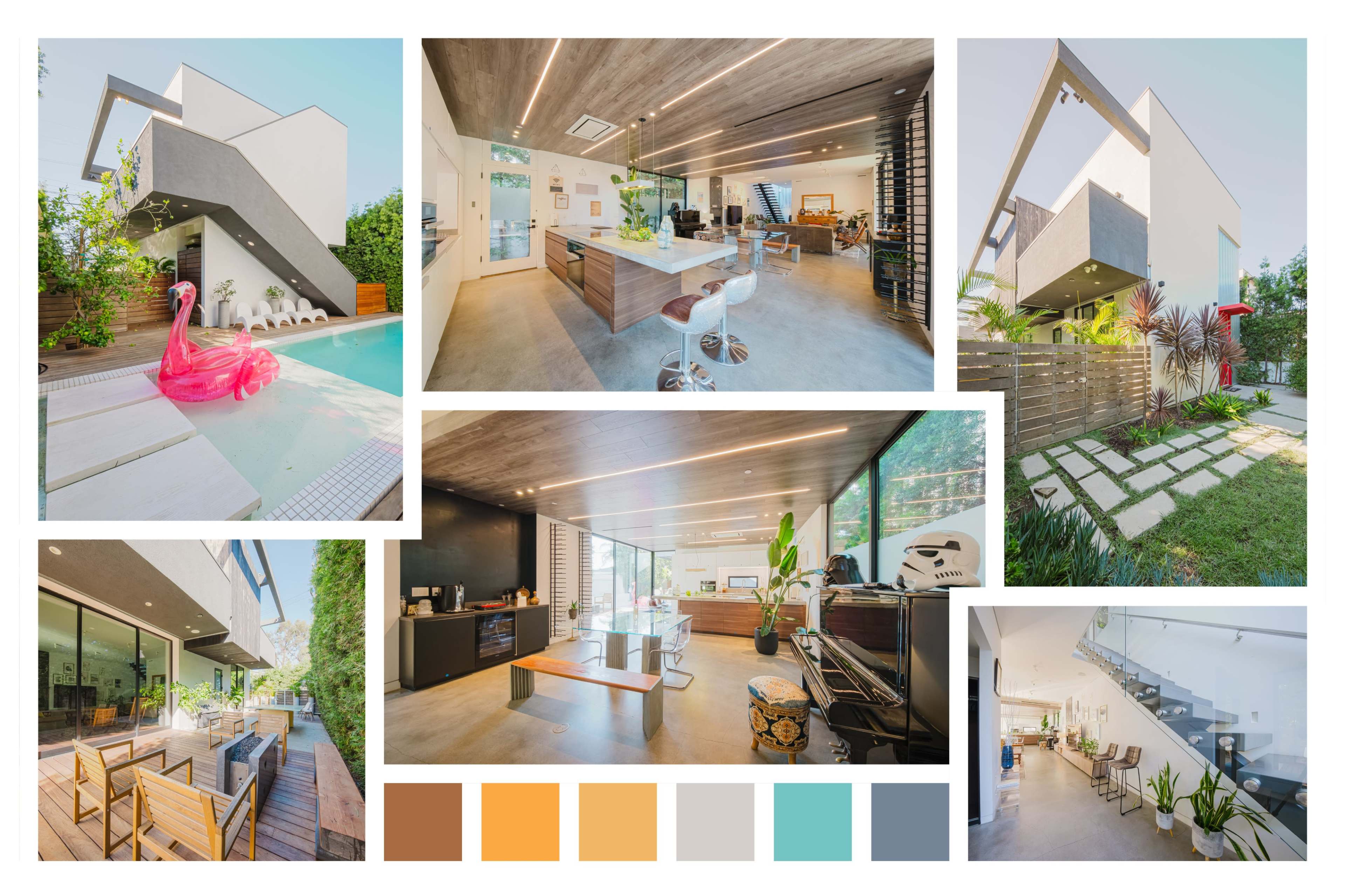 The image features a modern house with an open floor plan, showcasing various interior and exterior spaces, including a living area, kitchen, and outdoor pool area with a decorative flamingo.