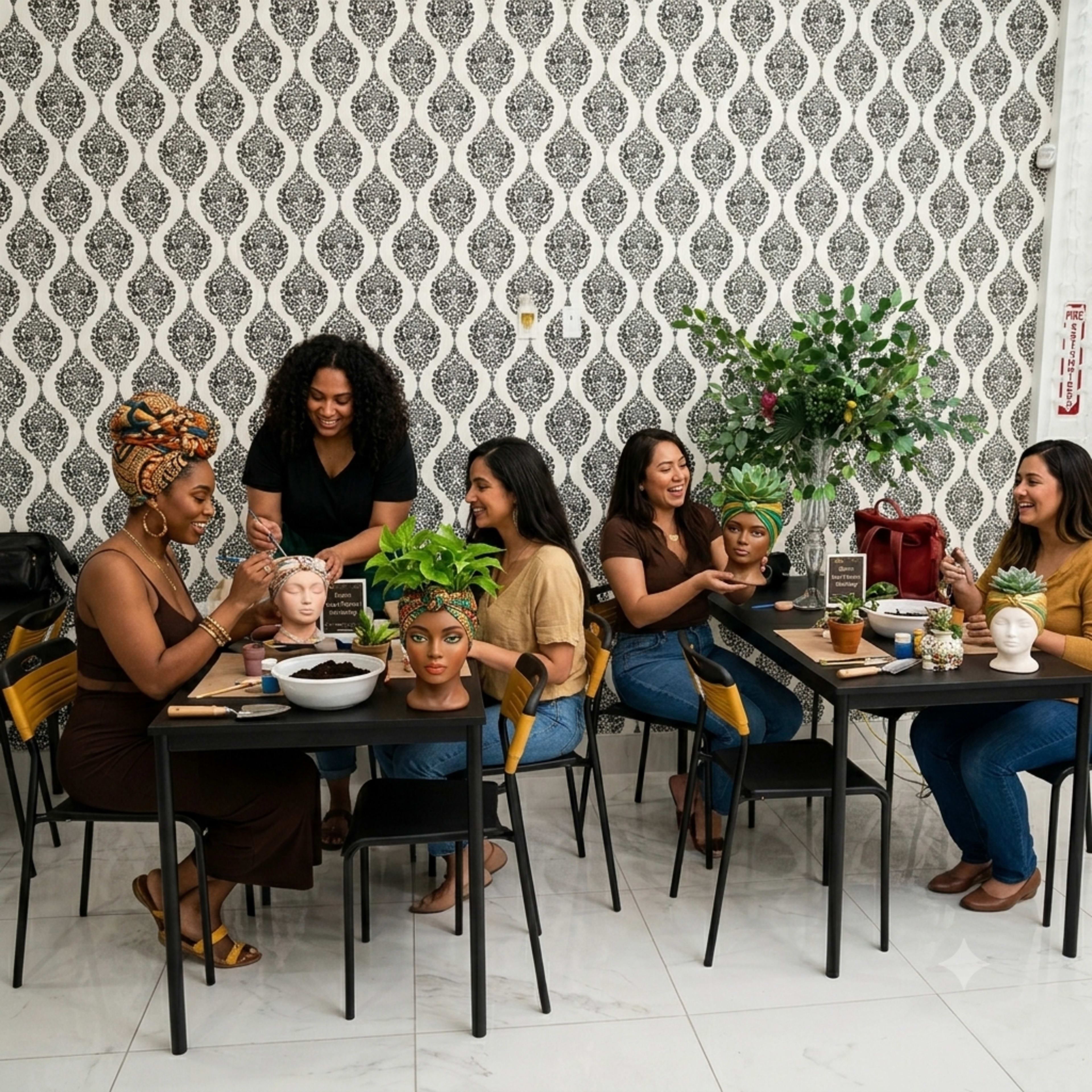 A group of six women sits around tables in a stylish indoor space, engaging in a creative activity involving plant-inspired decorations and art.