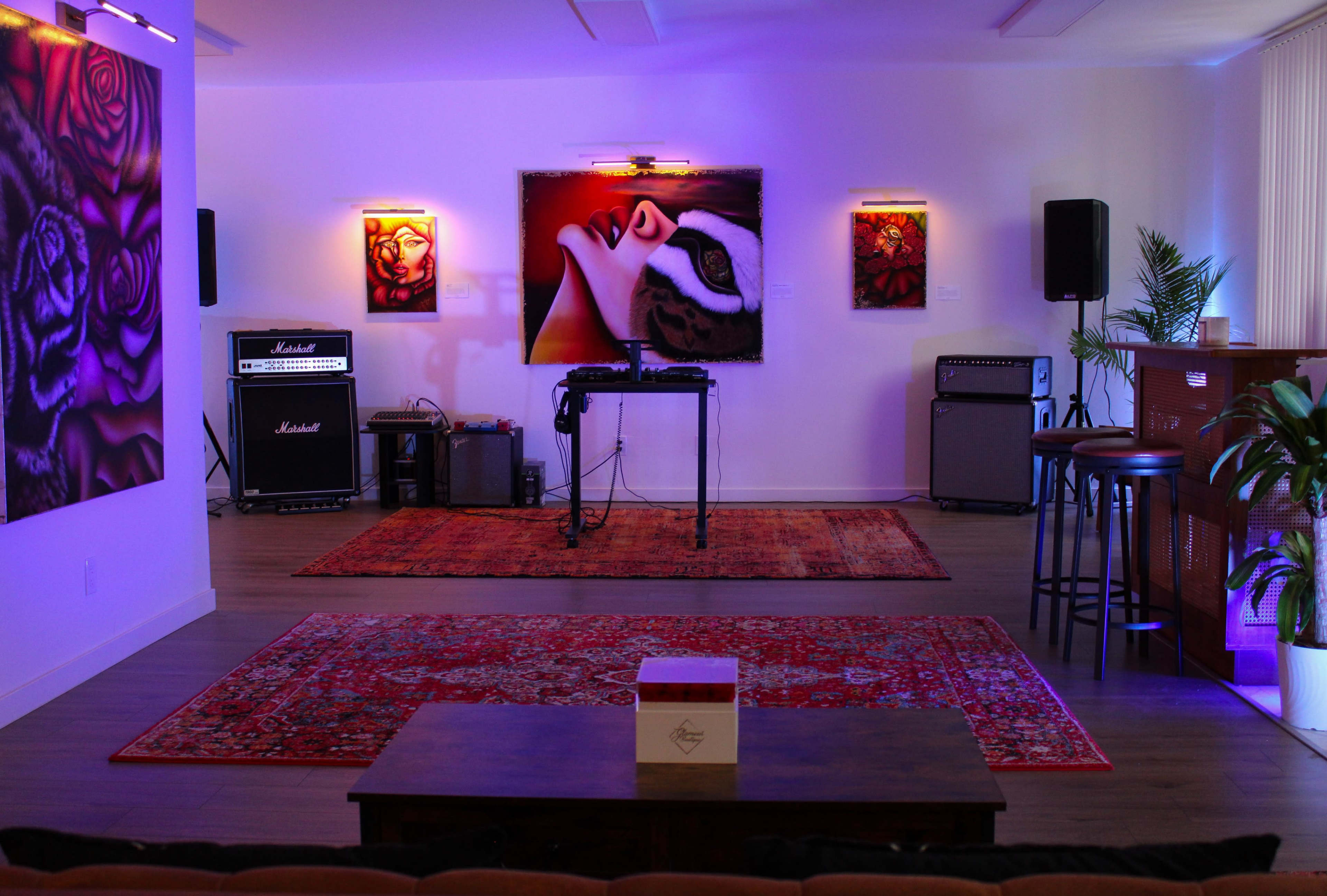 The room features a music setup with amplifiers, a DJ table, colorful artwork on the walls, and a large area rug.