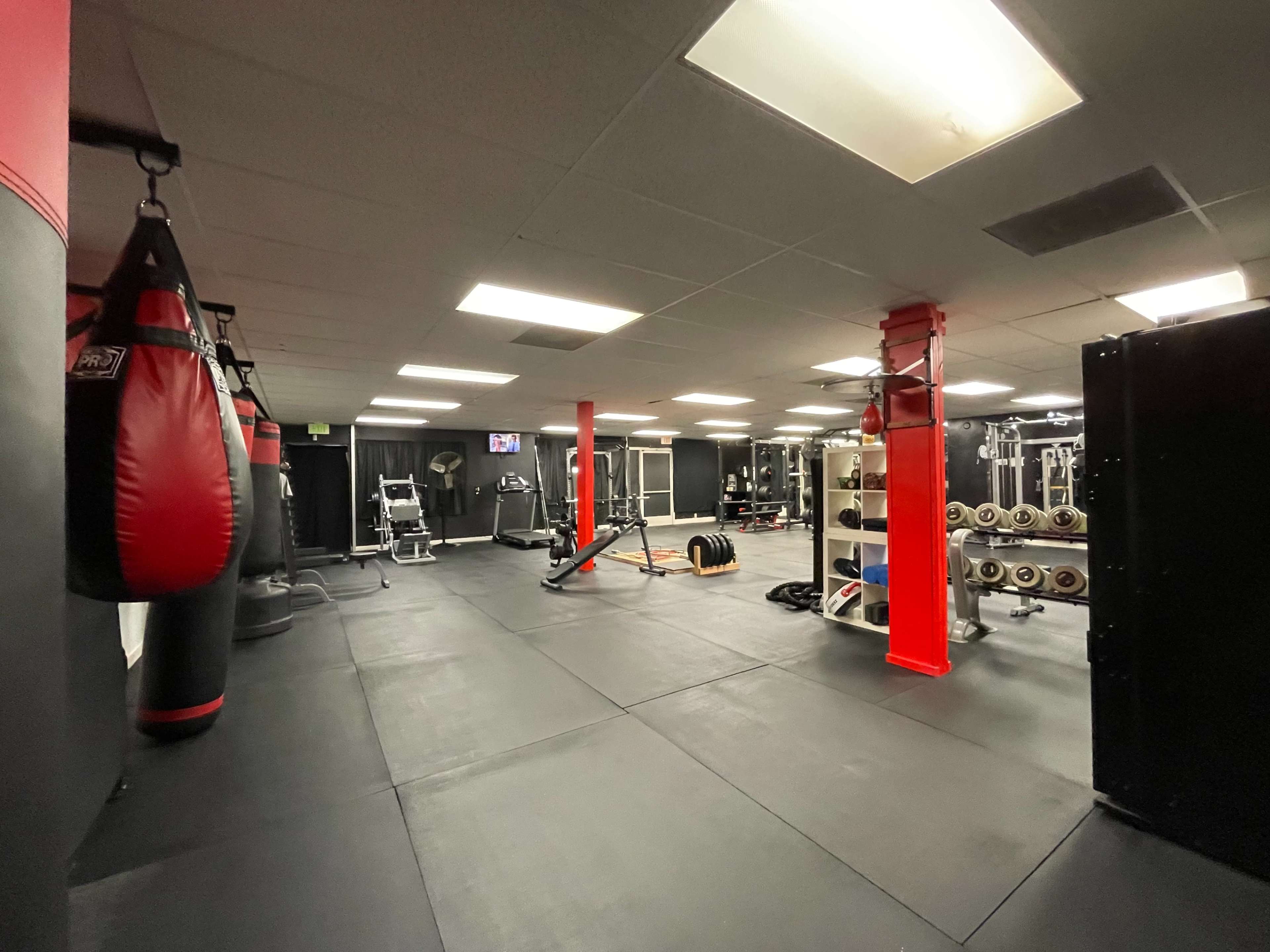 A gym with various exercise equipment, including punching bags, weights, and cardio machines, set against a black and red color scheme.