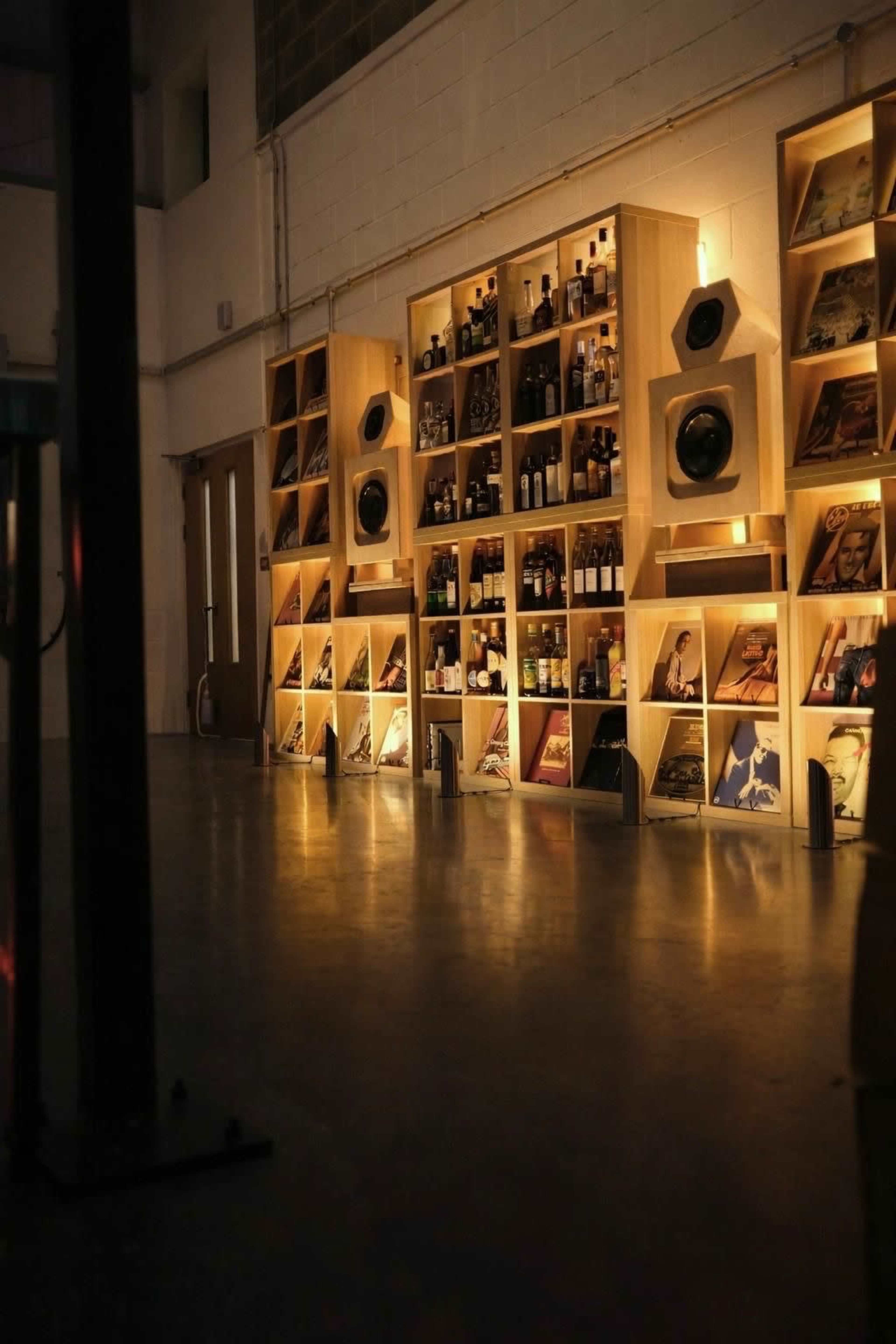 The image shows a well-organized wall display featuring wooden shelves filled with various bottles and vinyl records, illuminated by soft lighting.