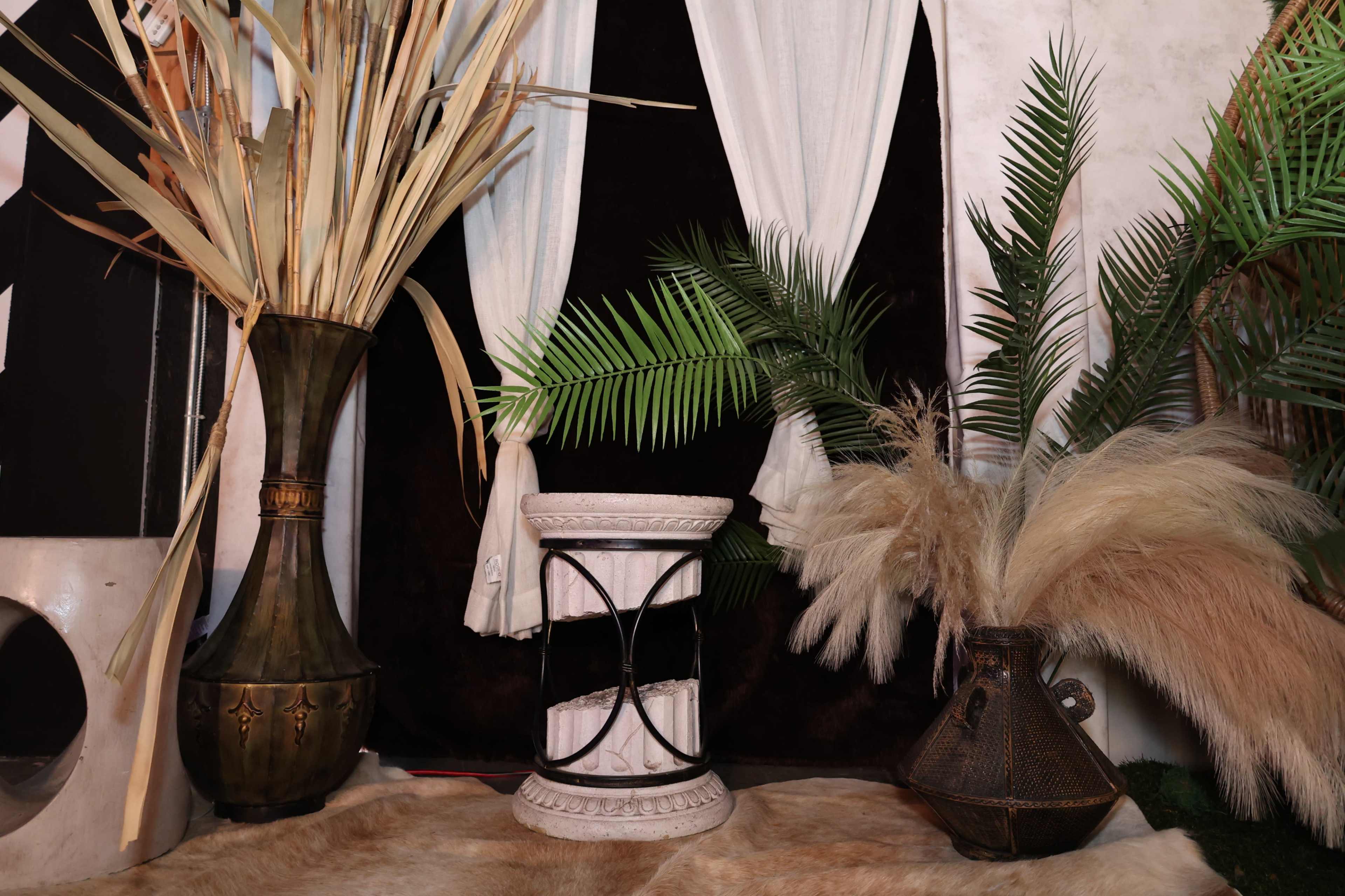 The scene features decorative plants in vases arranged around a small marble pedestal with draped curtains in the background.
