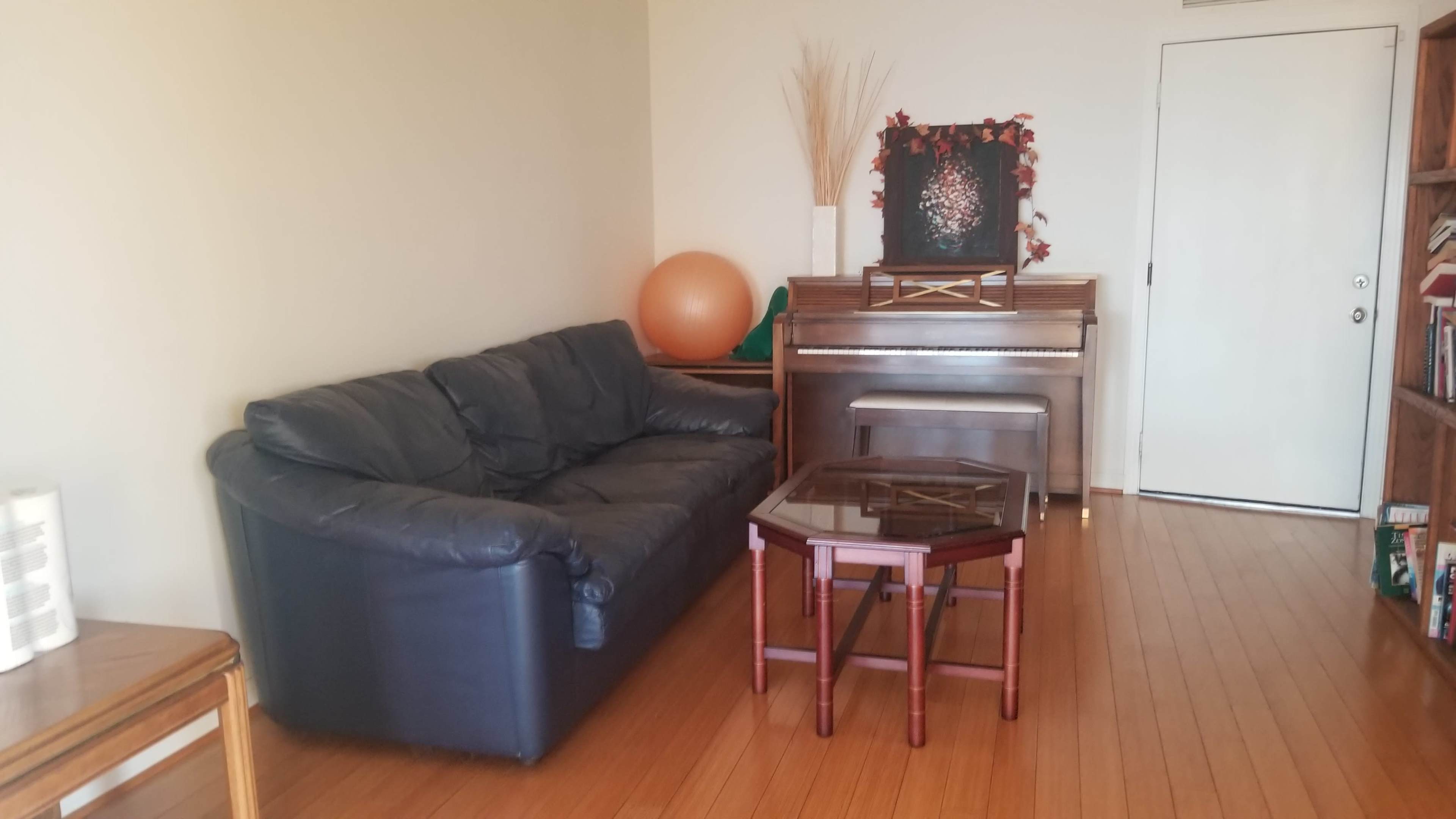 A living room with a black leather sofa, a wooden piano adorned with decorative items, an orange exercise ball, and a wooden coffee table on a hardwood floor.
