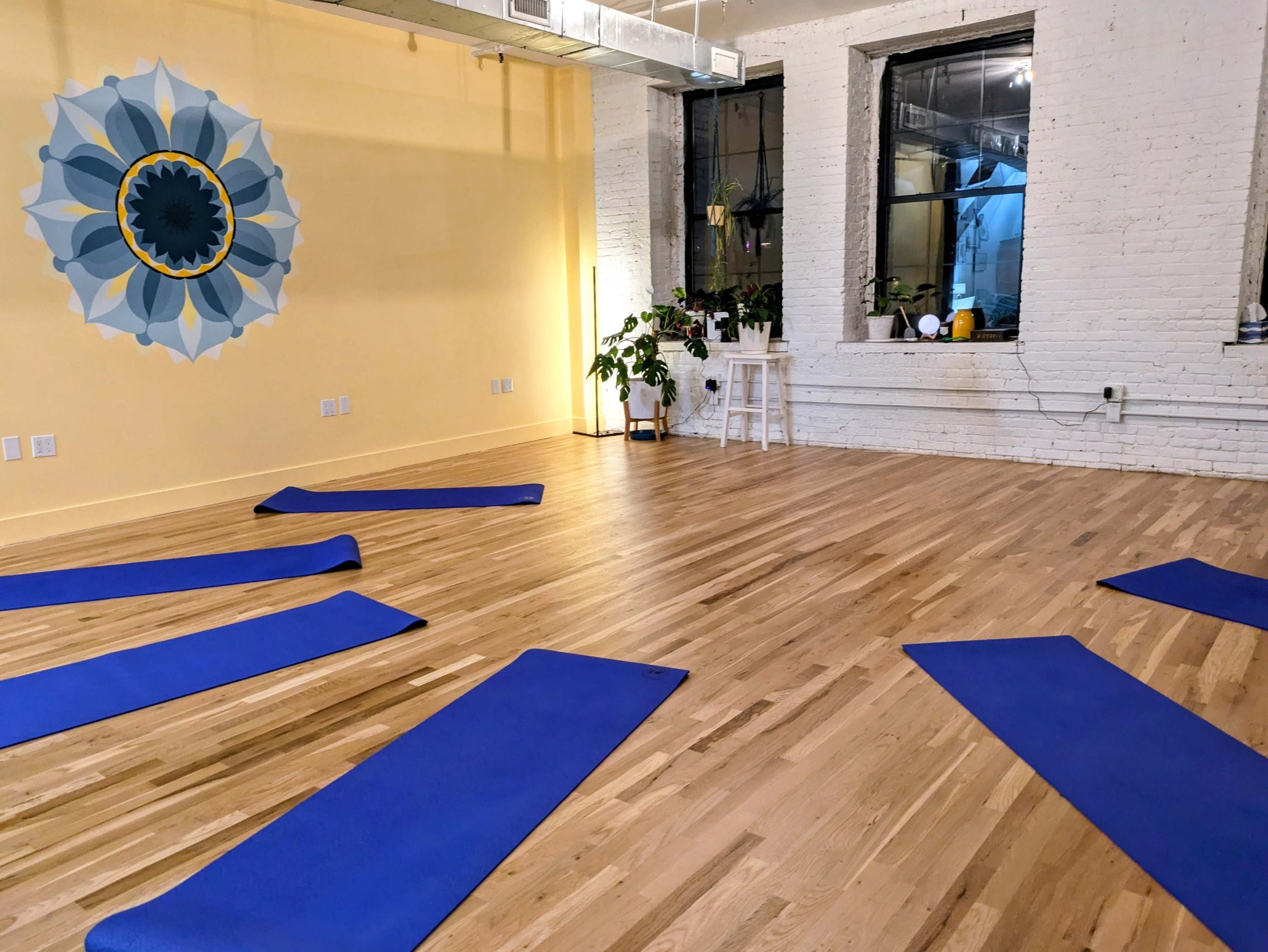 The image shows a yoga studio with several blue mats arranged on a wooden floor, a large decorative mural on the yellow wall, and plants positioned near the windows.