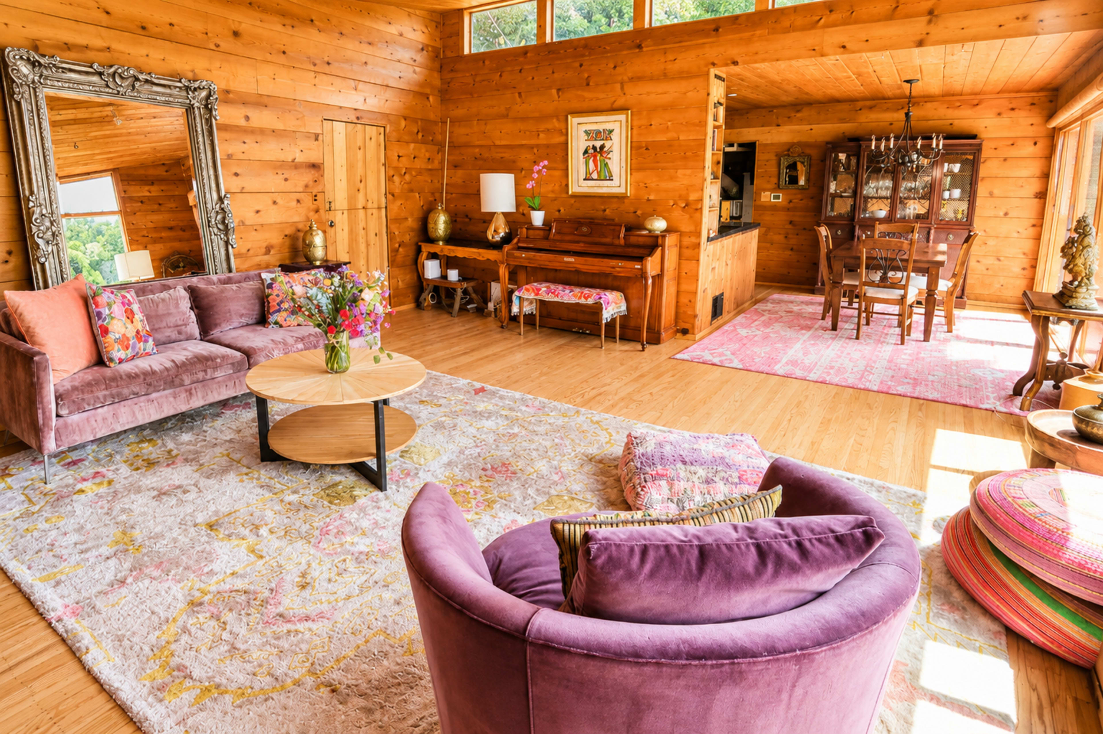 The image shows a spacious wooden living room furnished with a pink sofa, a round coffee table, a piano, and a dining area with a wooden table and chairs.