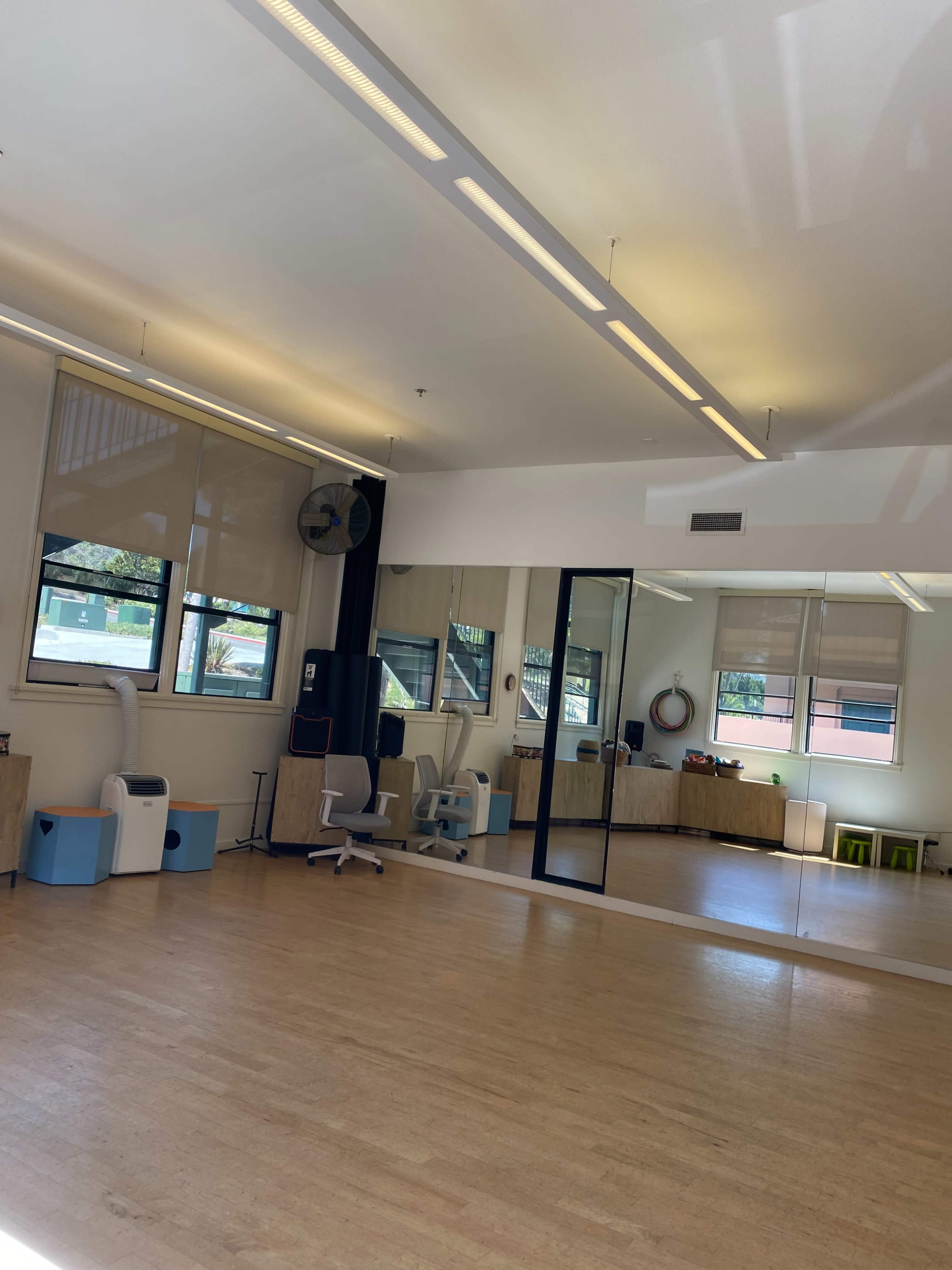 A bright, spacious room with wooden floors, large windows, a mirrored wall, and various seating furniture arranged around the space.