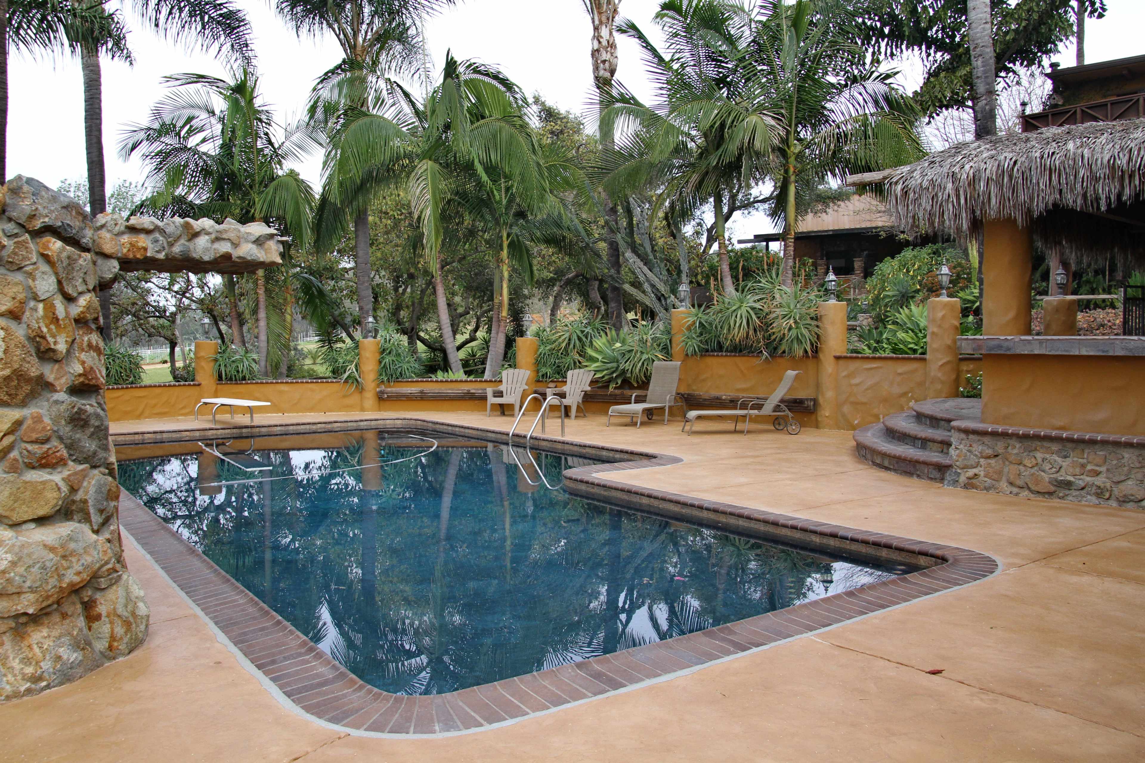 A backyard pool surrounded by palm trees and stone landscaping, featuring loungers and a decorative bar area.