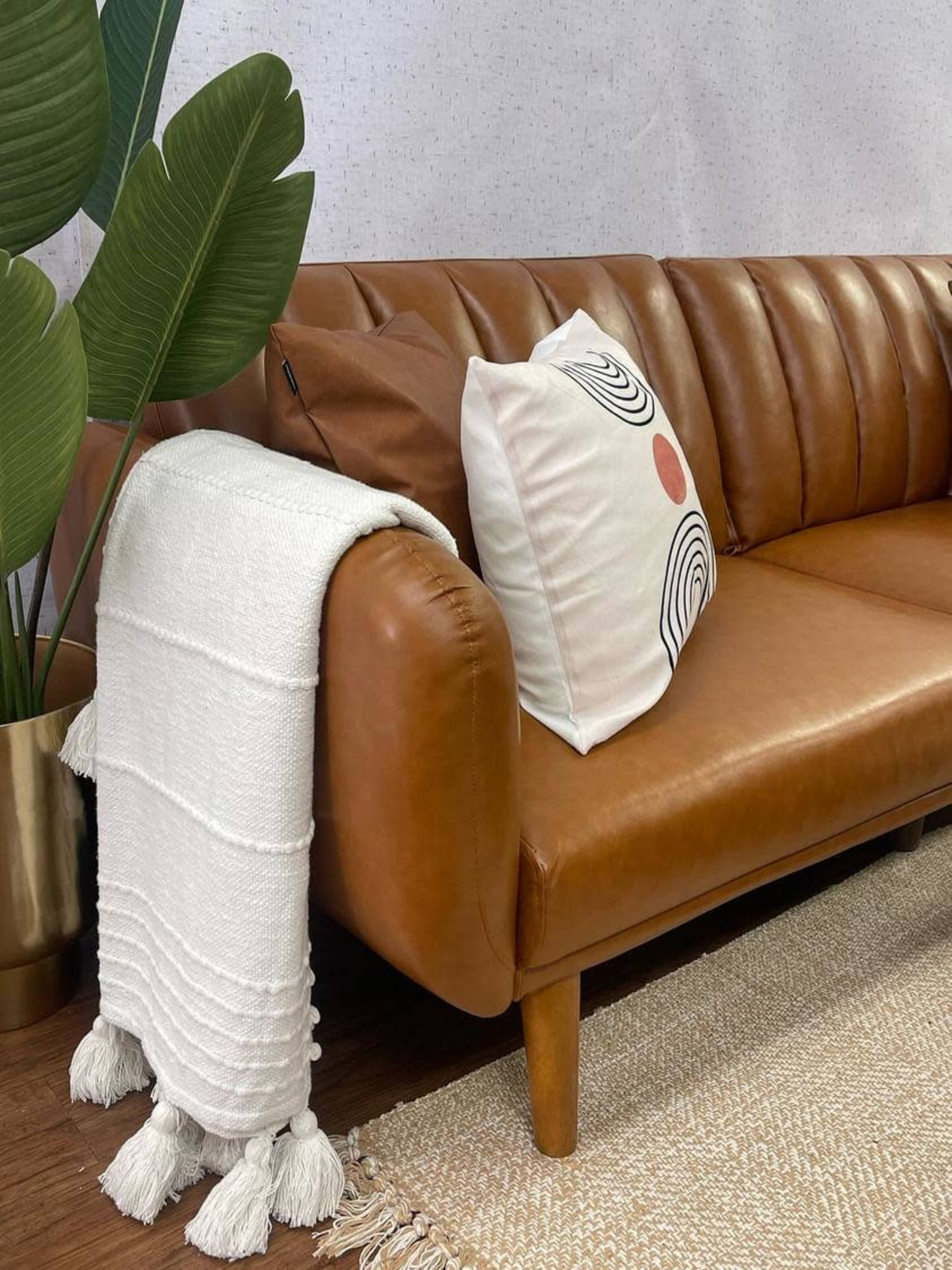 A brown leather sofa with a patterned cushion and a white throw blanket draped over its arm is positioned beside a tall green plant and a textured area rug.