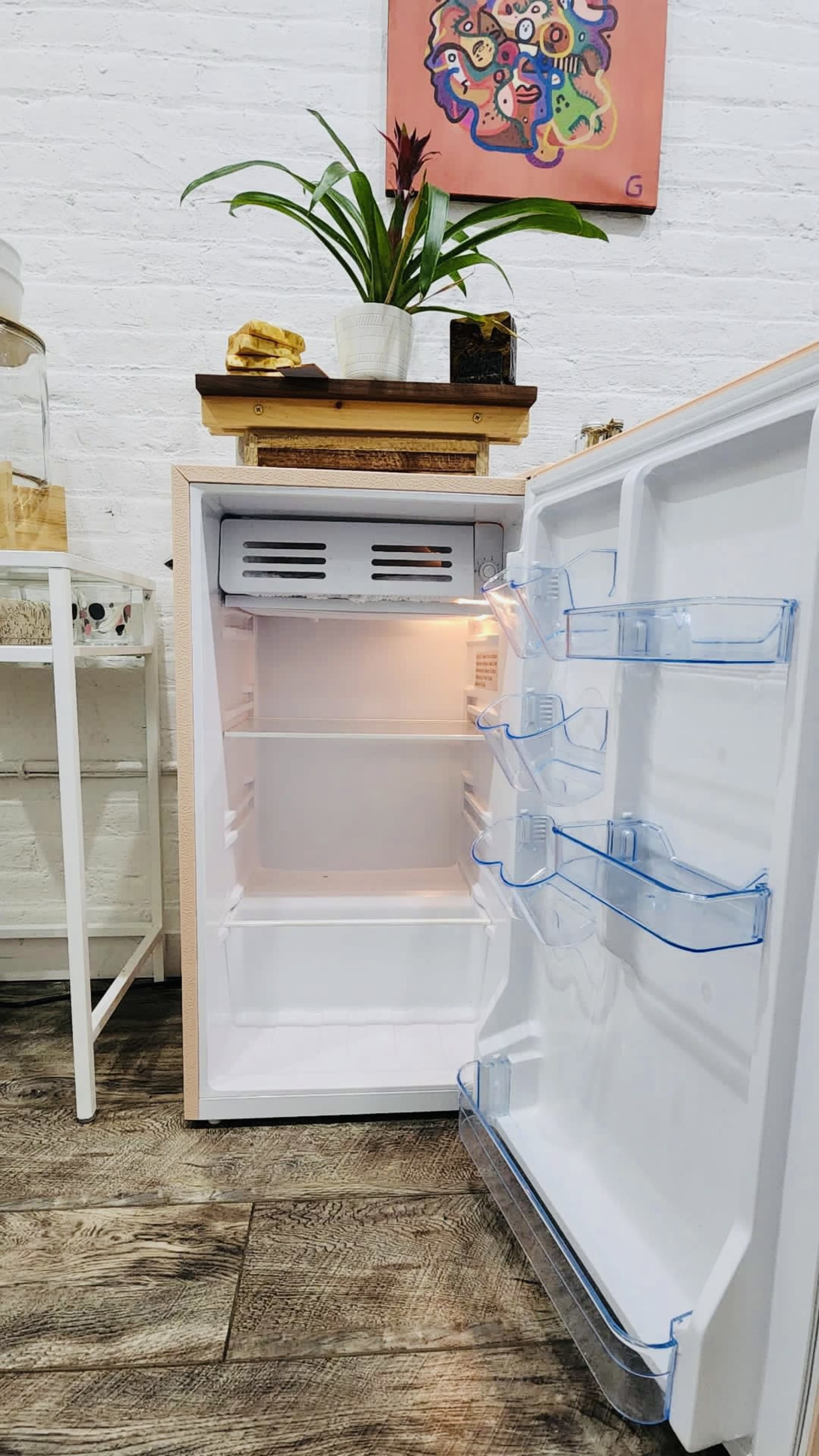 An open refrigerator with empty shelves and a potted plant on top, set against a white brick wall.