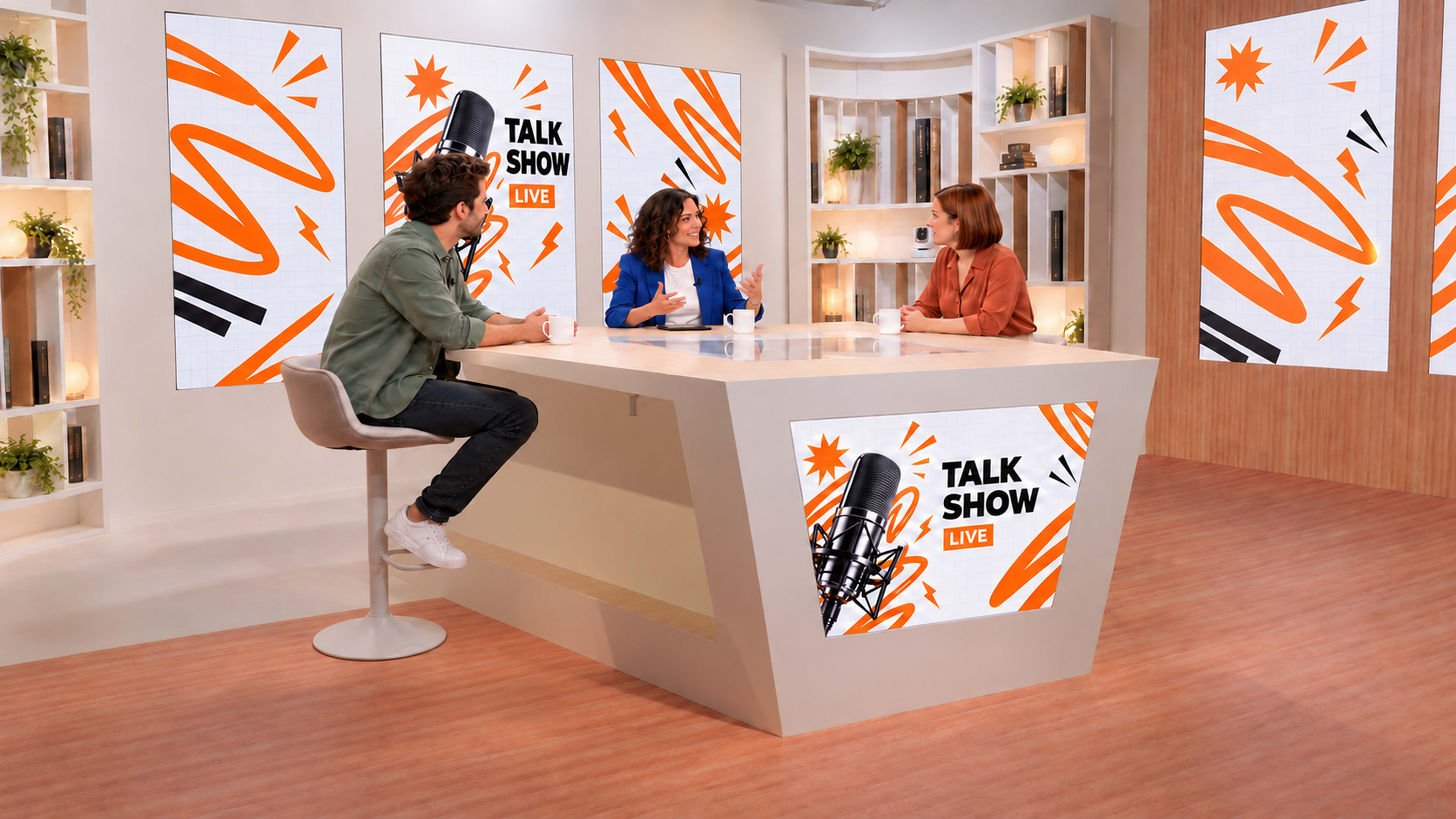 A talk show set features two hosts and a guest seated at a modern table, with vibrant graphics displayed on large screens in the background.