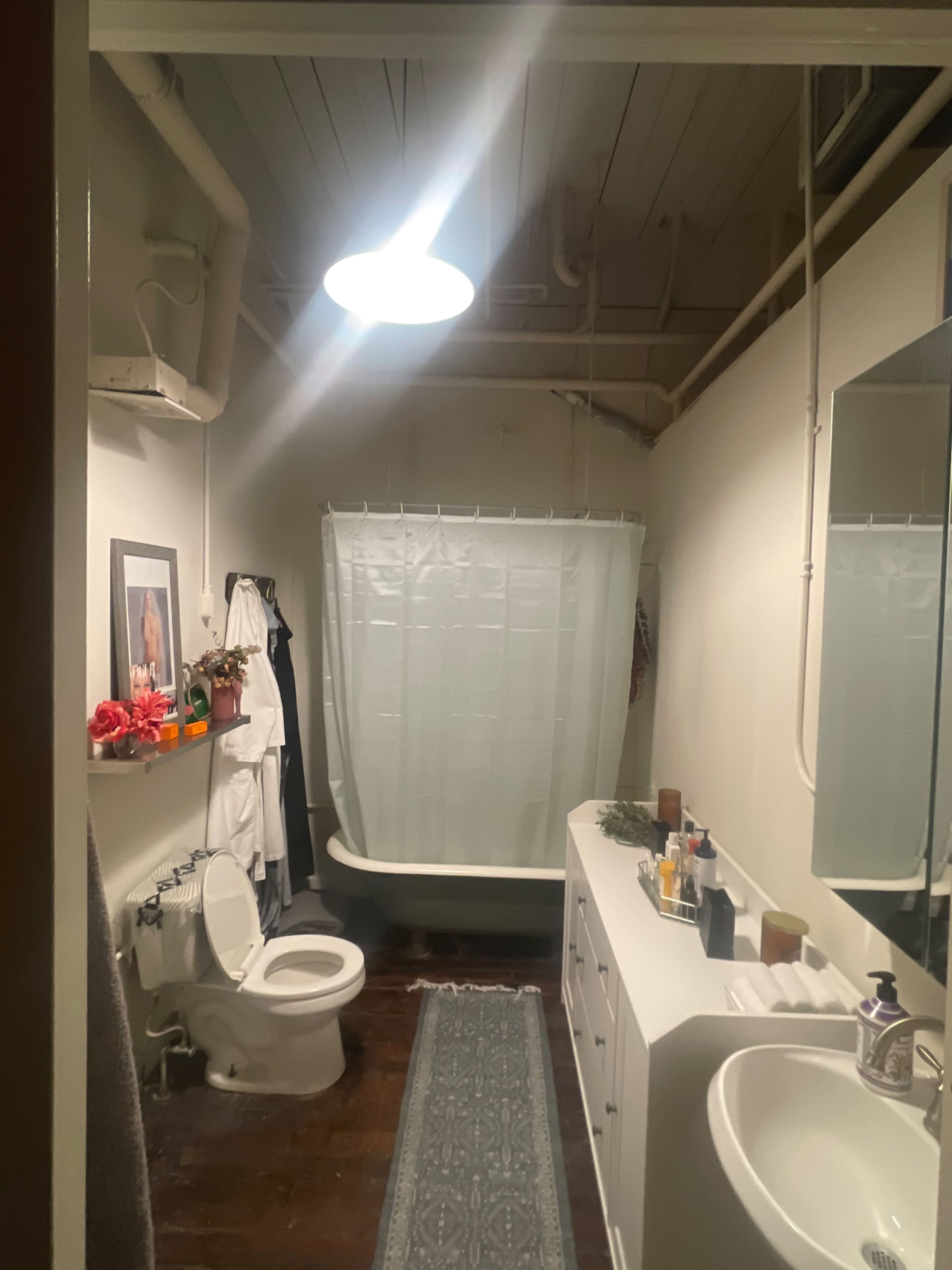 A bathroom featuring a bathtub, a shower curtain, a toilet, a sink with a mirror, and a decorative rug on wooden flooring.