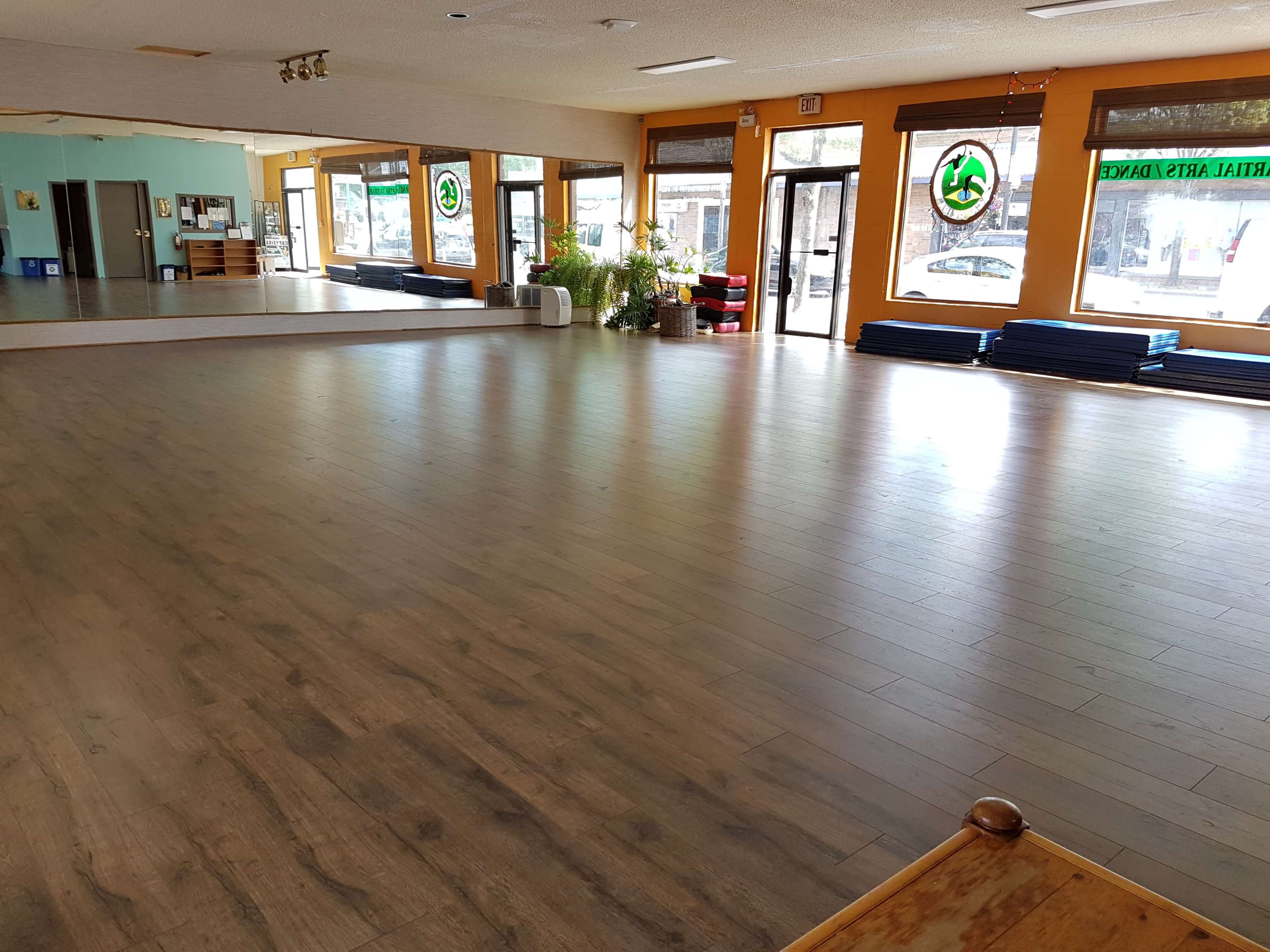 A spacious dance studio with wooden floors, large windows, and mirrors along one wall.