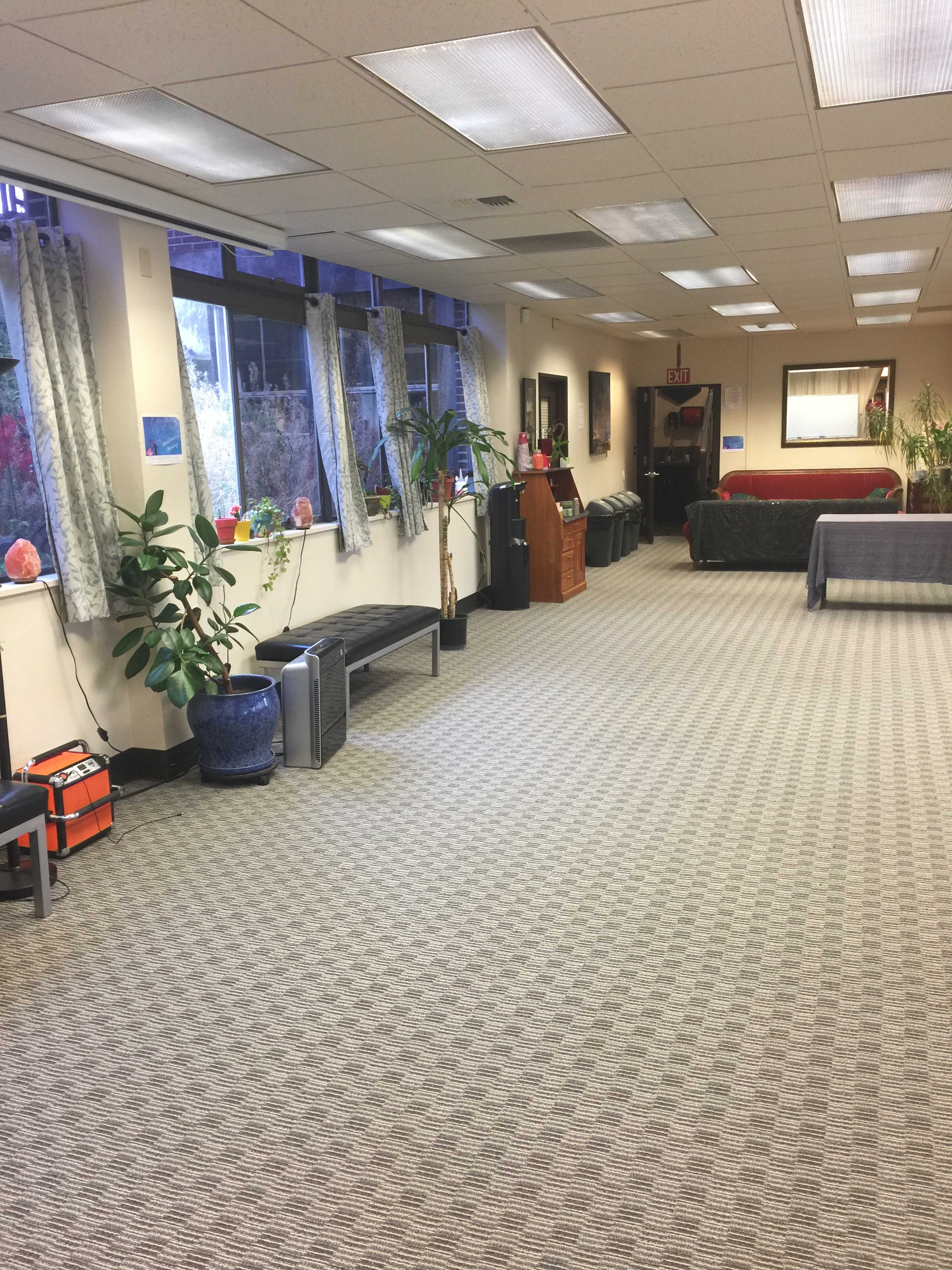 A spacious, well-lit room with carpeted floors, featuring plants, seating areas, and various furniture along the walls.