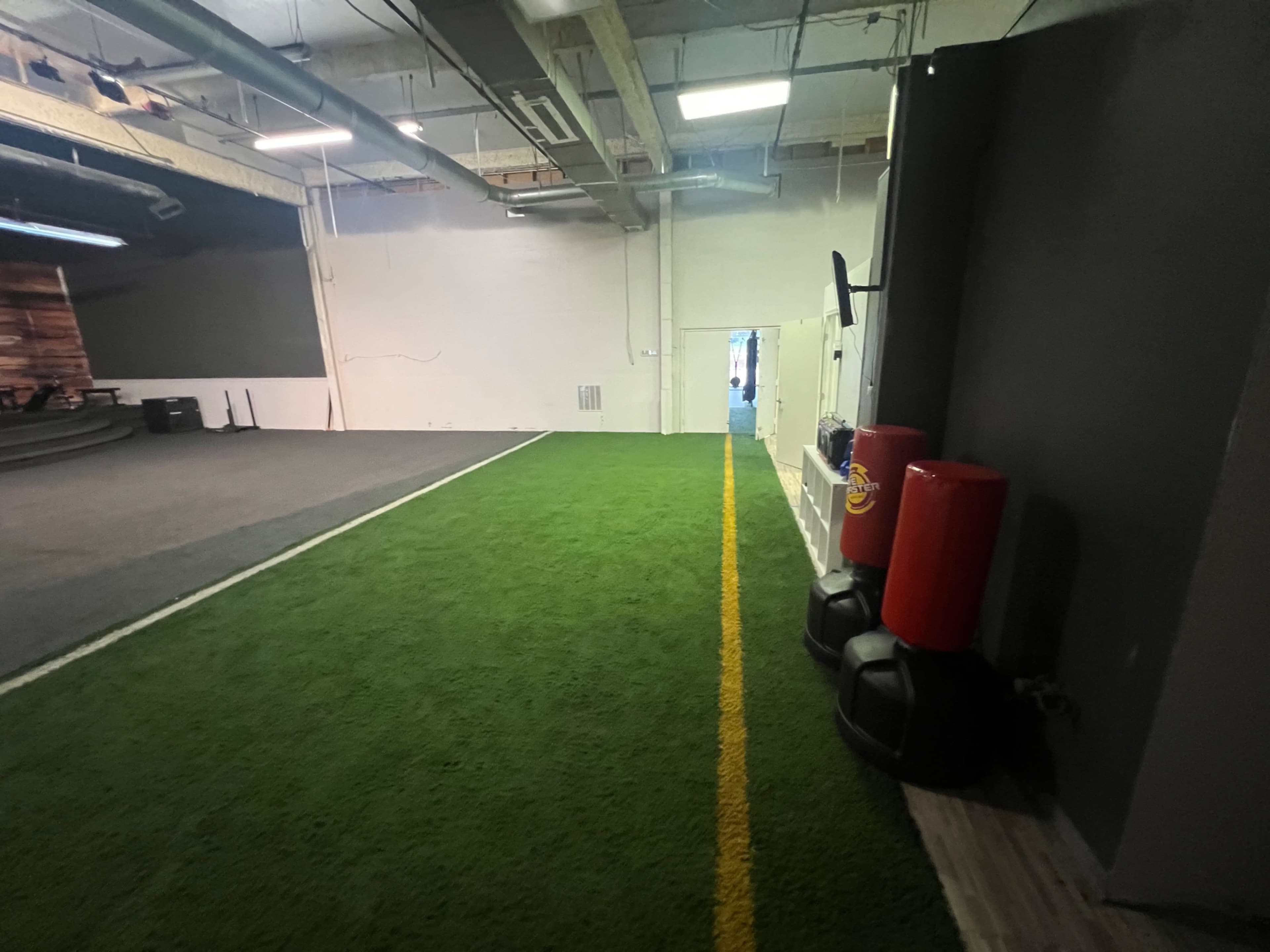 The image shows an indoor training area with artificial turf, a marked yellow line, and two red punching bags against a wall.