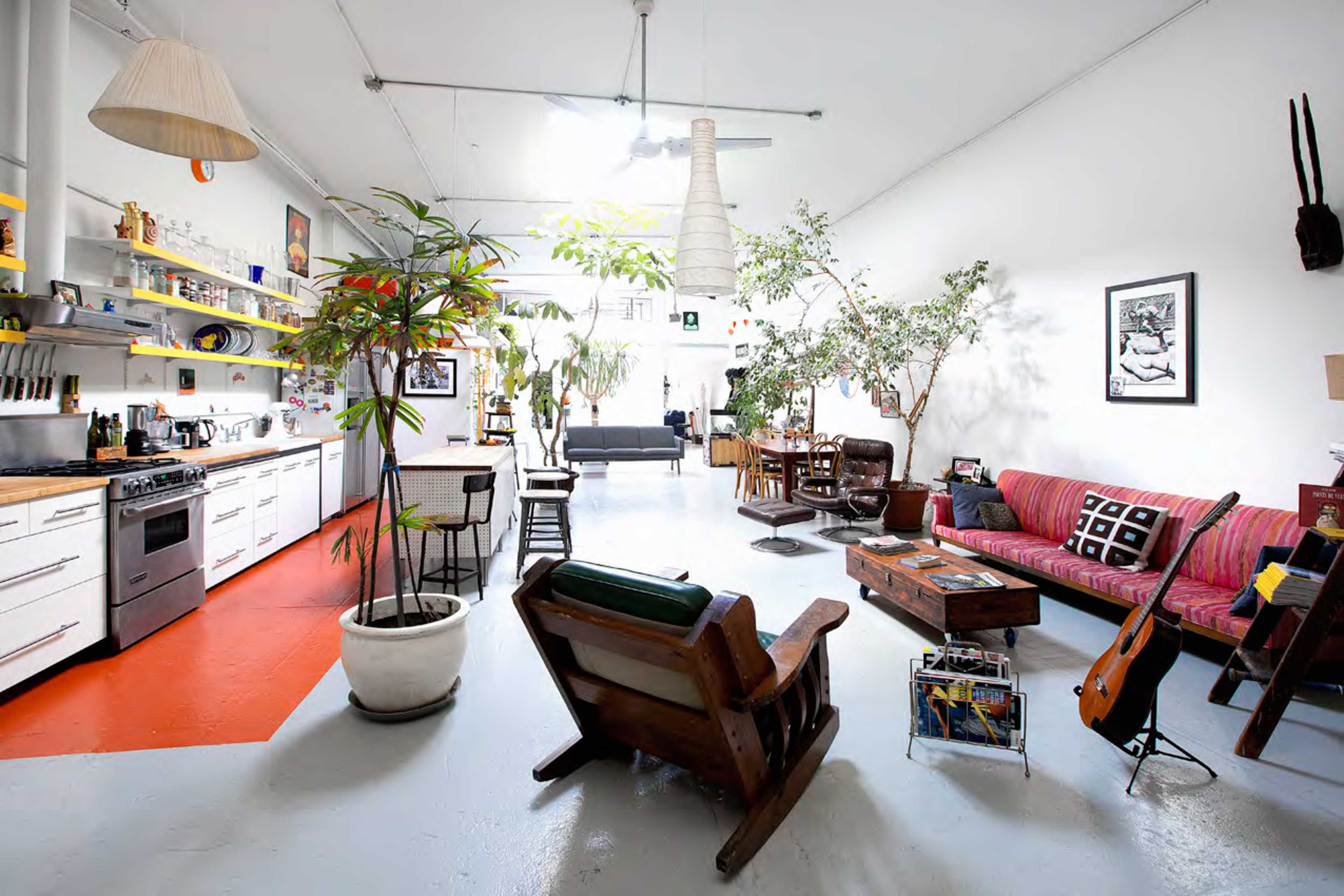 A spacious, open-plan living area featuring a kitchen on one side and a cozy lounge area with plants, seating, and various decorative items.