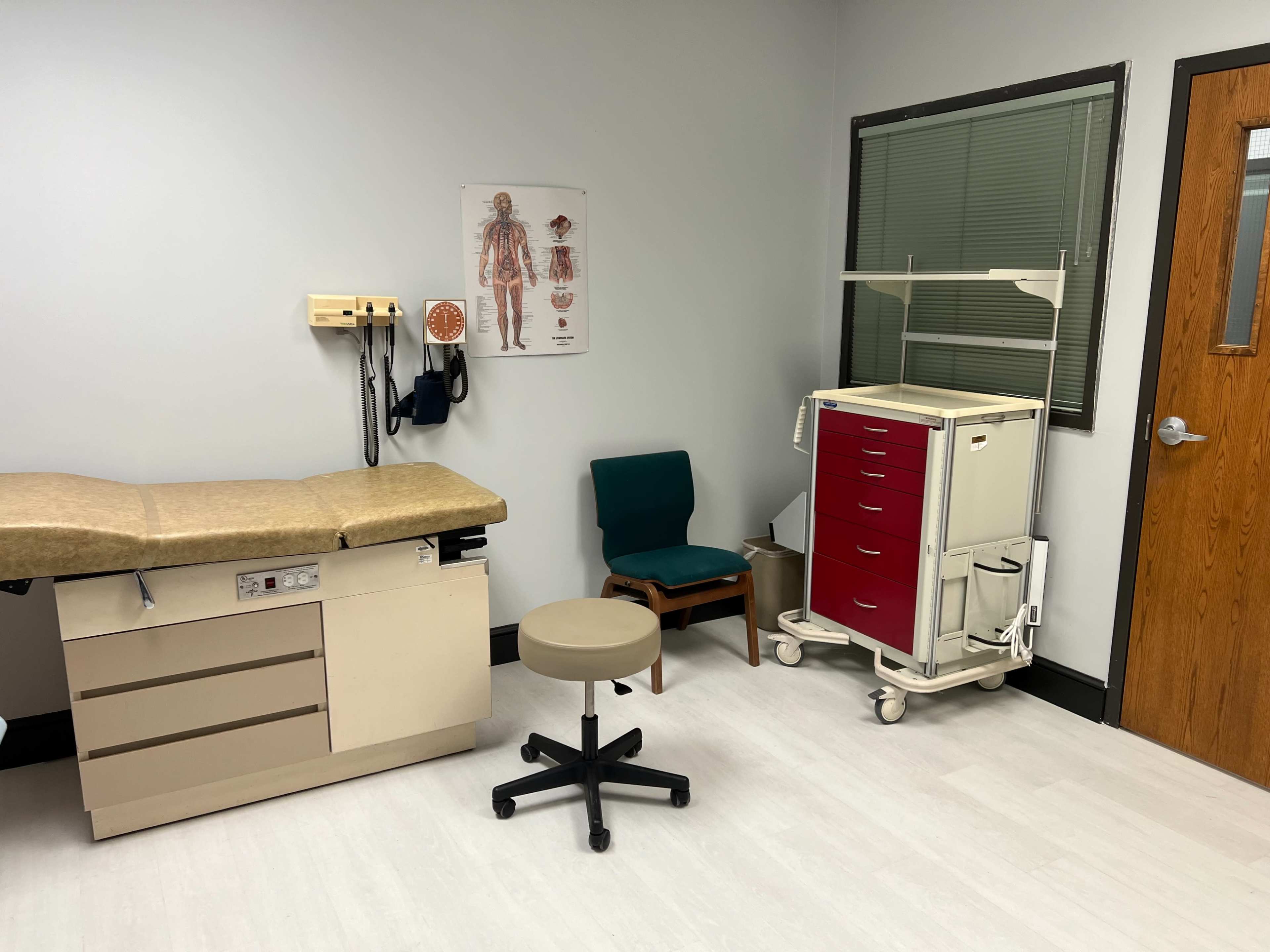The image shows a medical examination room with a padded examination table, a rolling cart, a stool, and a wall chart of the human anatomy.