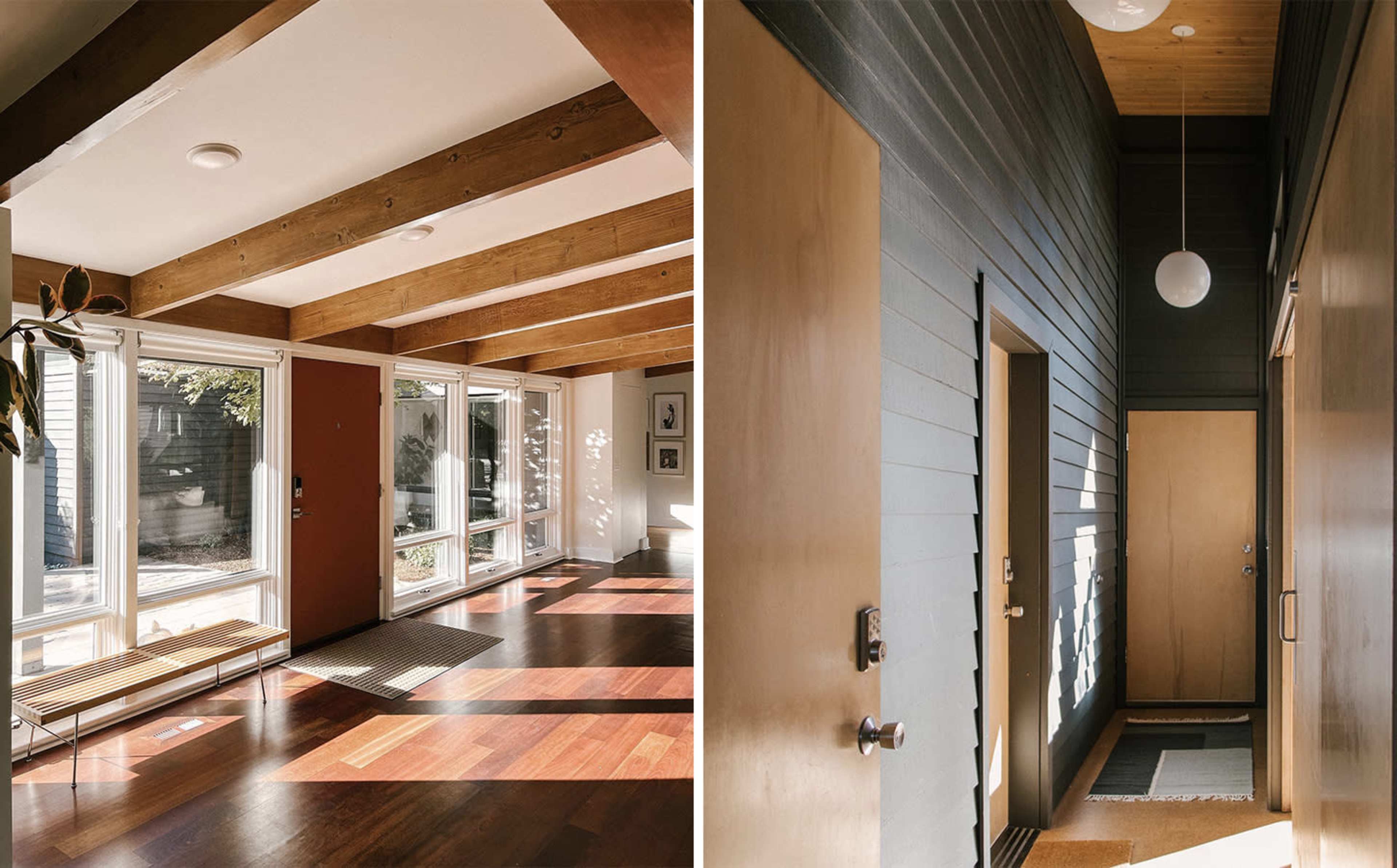 Two distinct hallway interiors featuring wooden beams, large windows, and simple geometric light fixtures.
