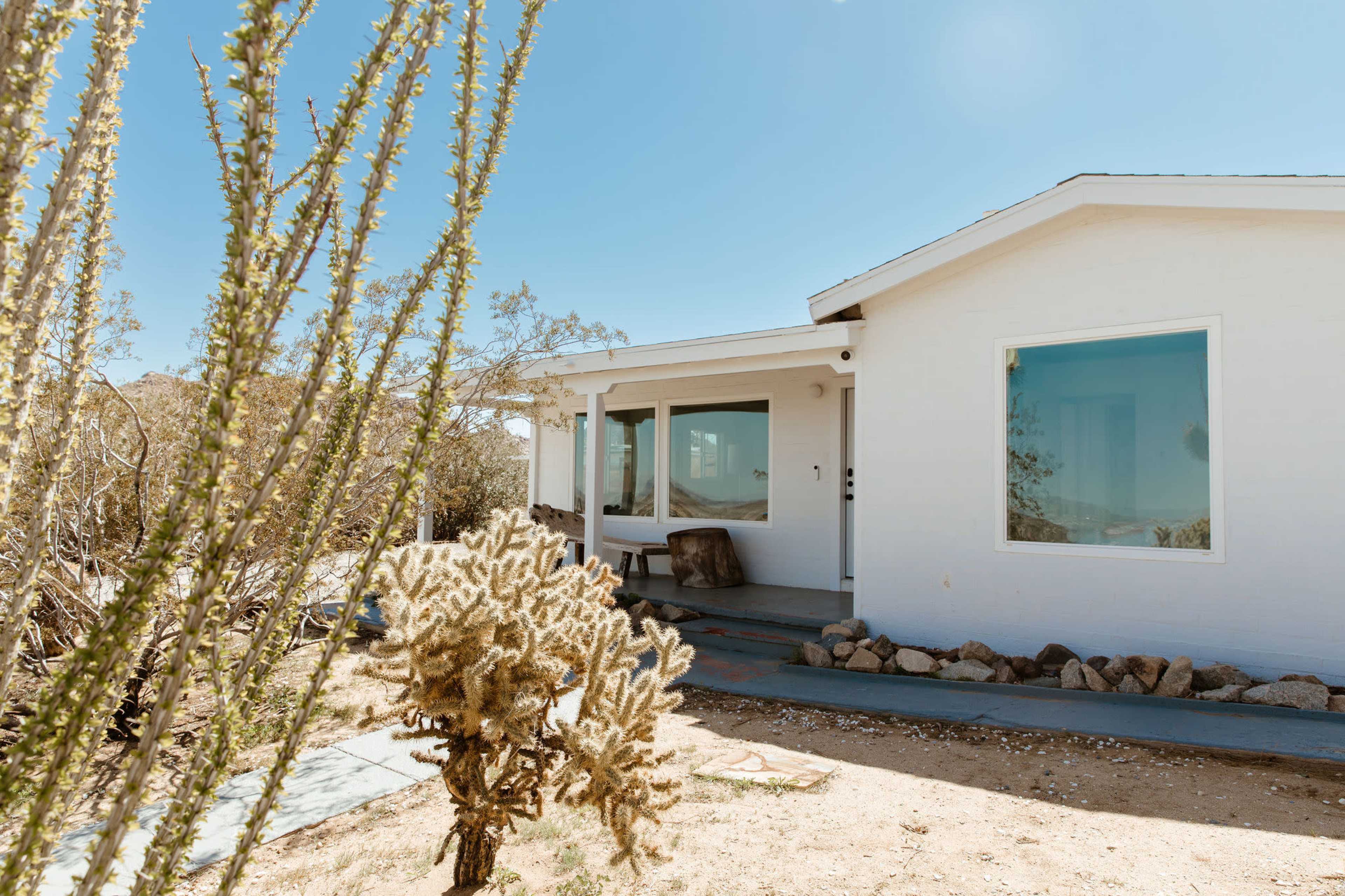 A modern white house with large windows sits in a desert landscape, surrounded by cacti and rocky terrain.