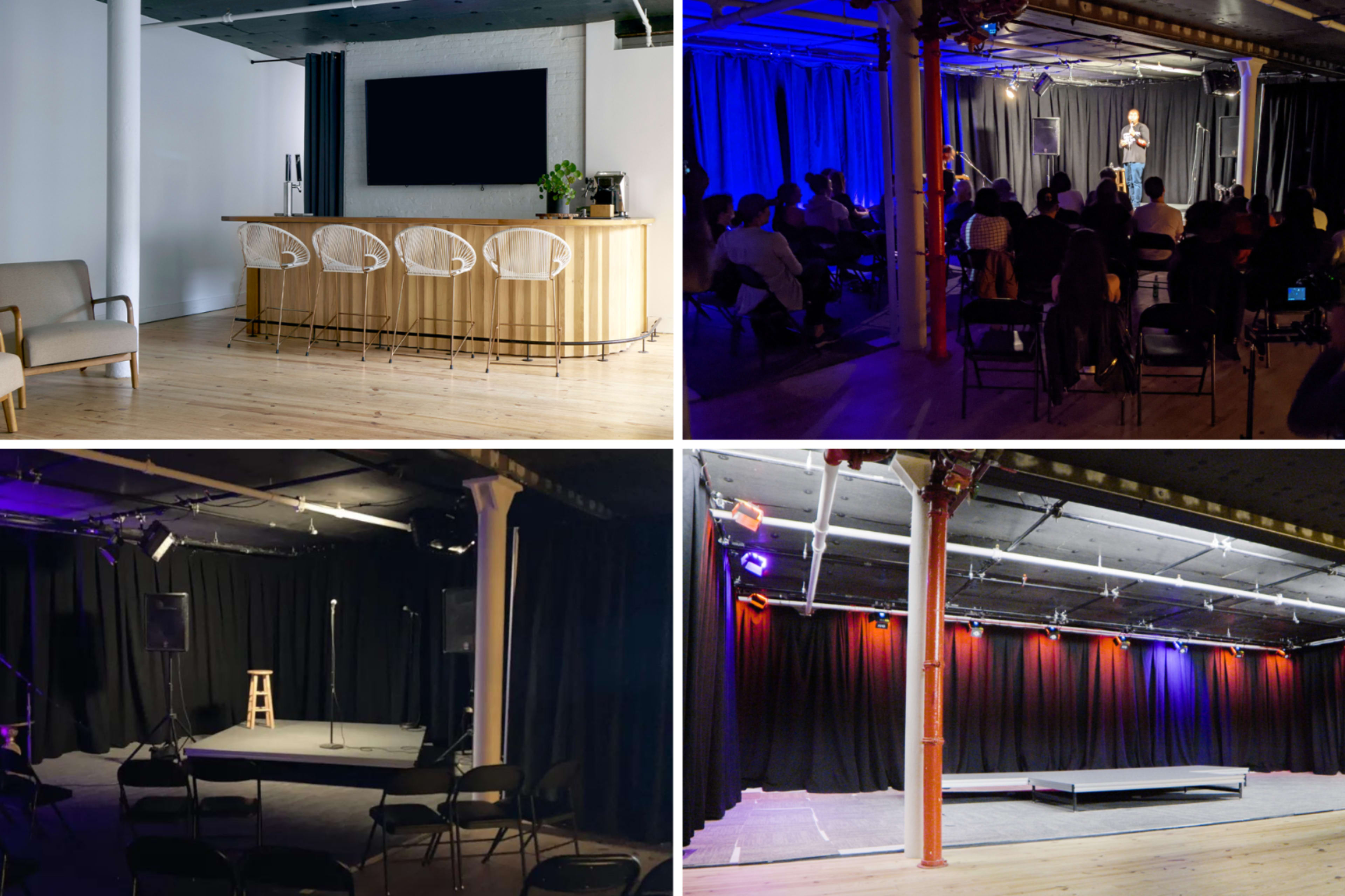 A modern multi-purpose event space featuring a bar area, a performance stage with seating, and varying lighting setups.