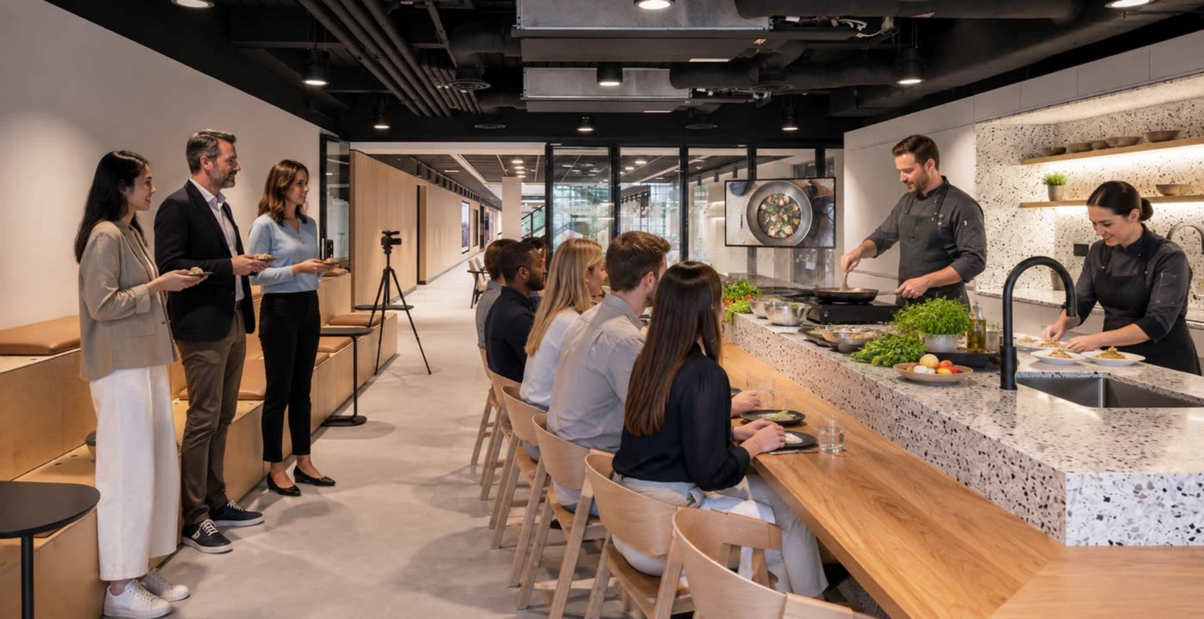 A group of people observes a chef preparing food at a modern kitchen counter in a well-lit culinary space.