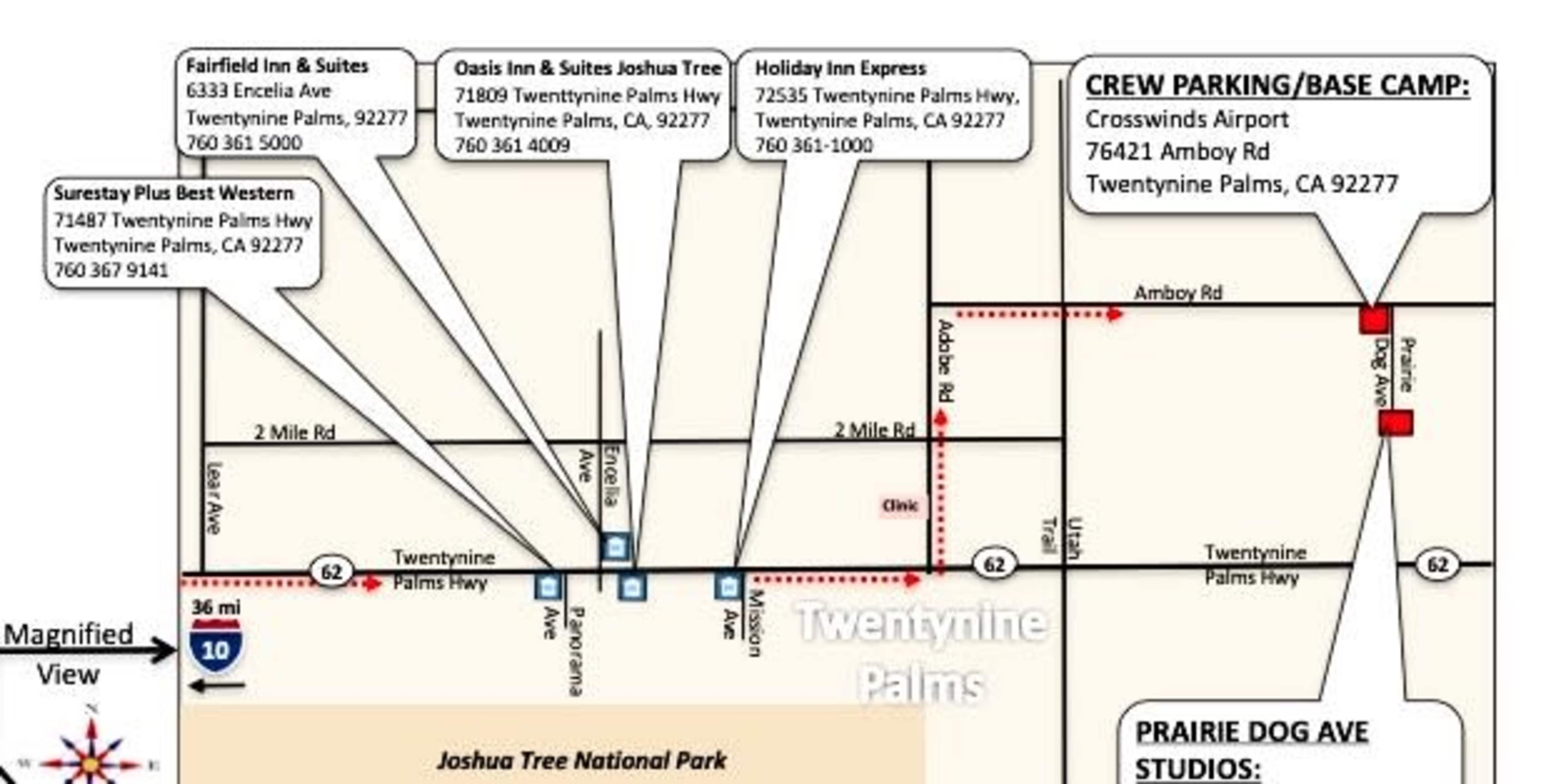 A map indicating various hotels and locations in Twentynine Palms, California, along with directions to crew parking and a base camp near Joshua Tree National Park.