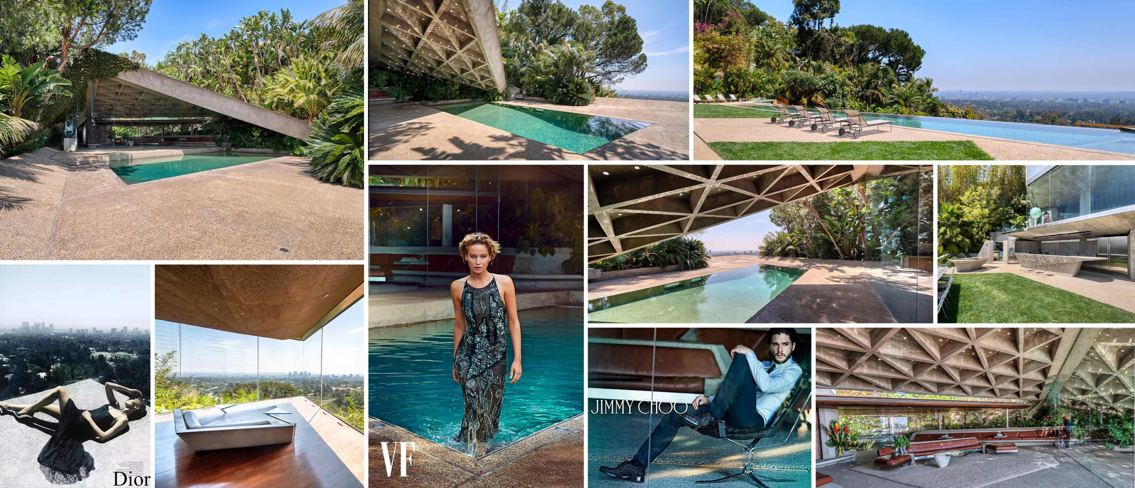 A modern architectural landscape featuring multiple swimming pools, sleek outdoor seating areas, and a view of a city skyline, surrounded by lush greenery.
