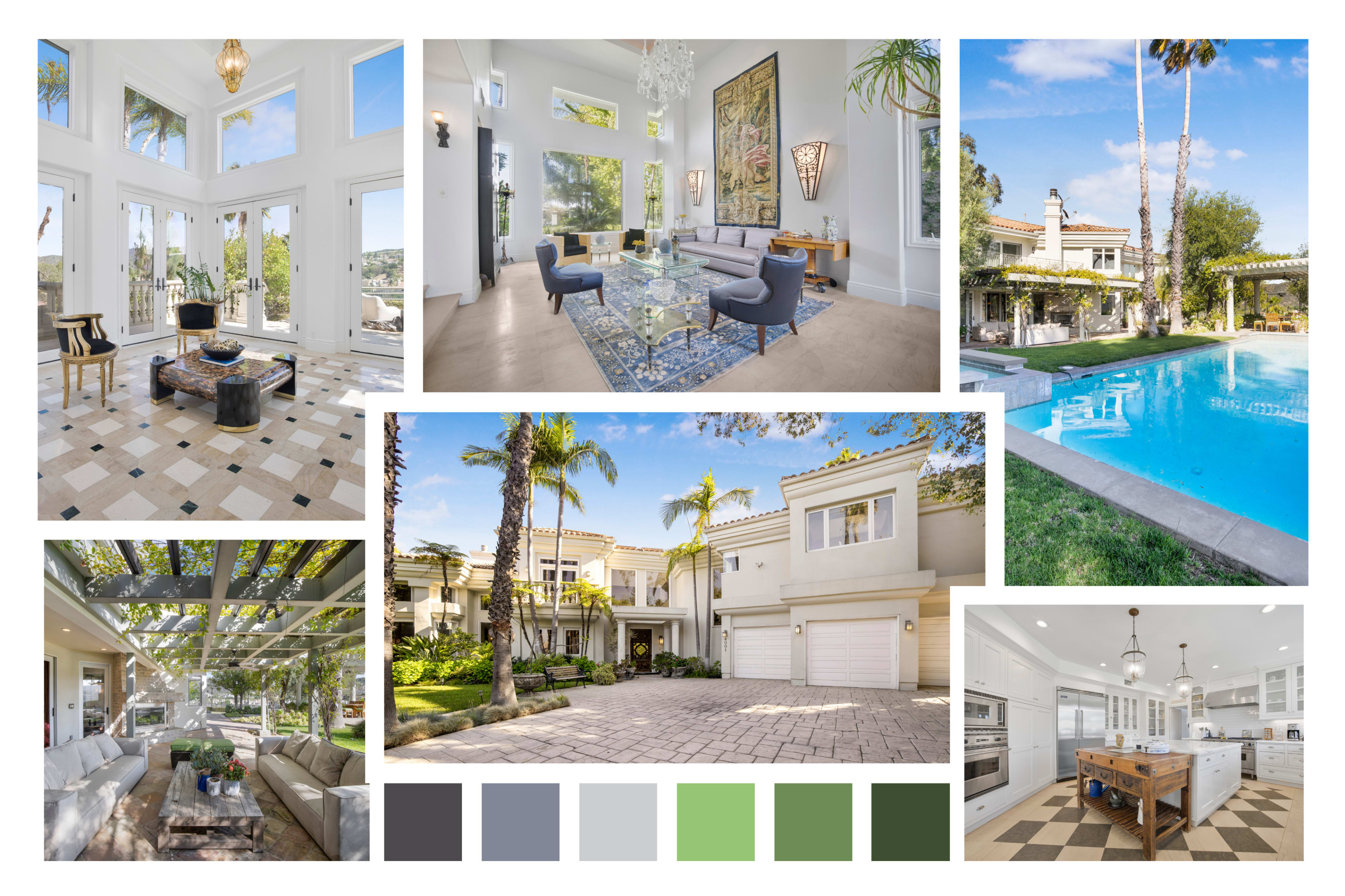 The image features a luxurious home environment, showcasing both interior spaces with modern furnishings and an outdoor area with a swimming pool, surrounded by palm trees.