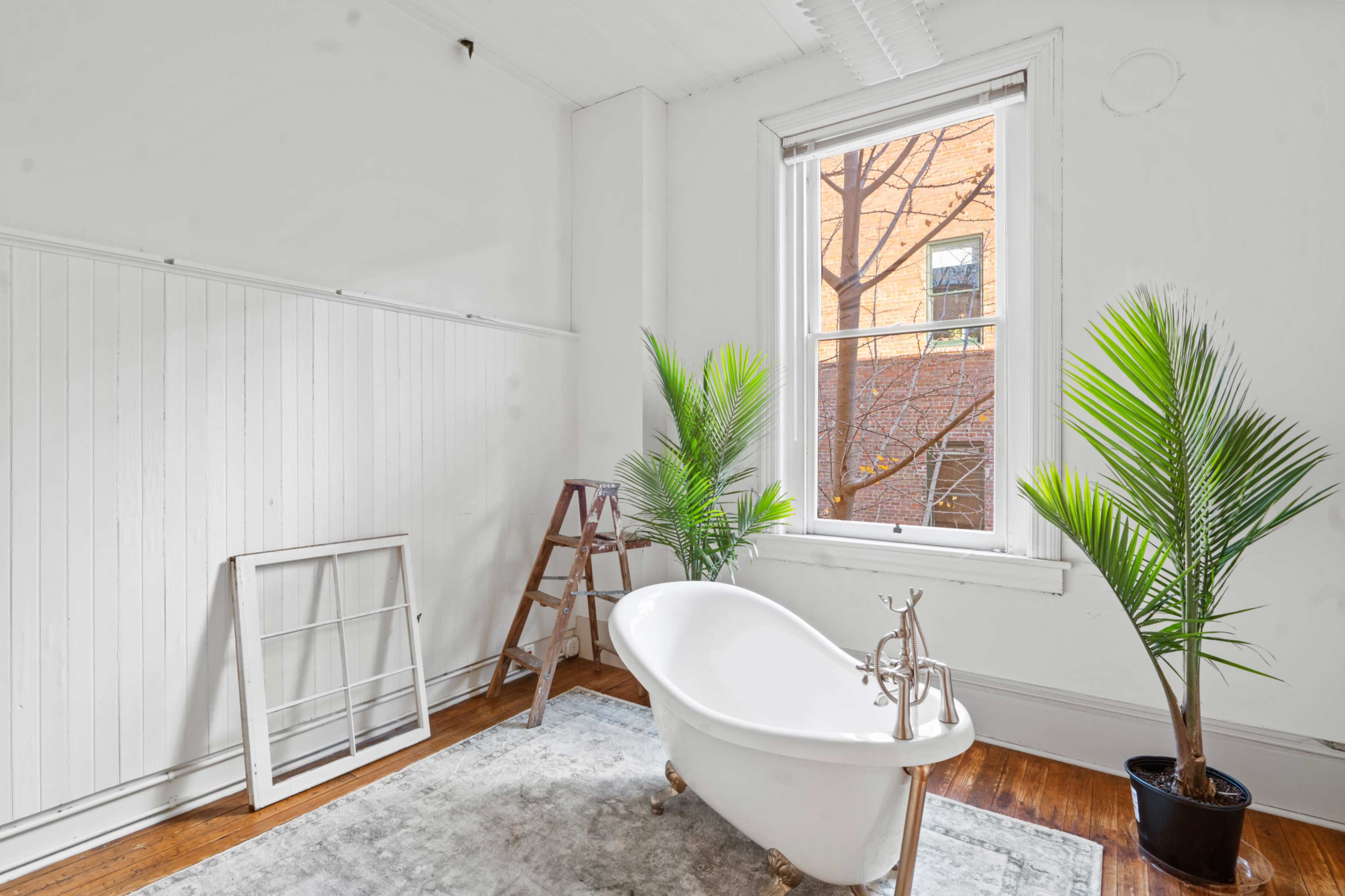 The image shows a bright, minimalist bathroom with a freestanding bathtub, a ladder, and potted plants beside a large window.