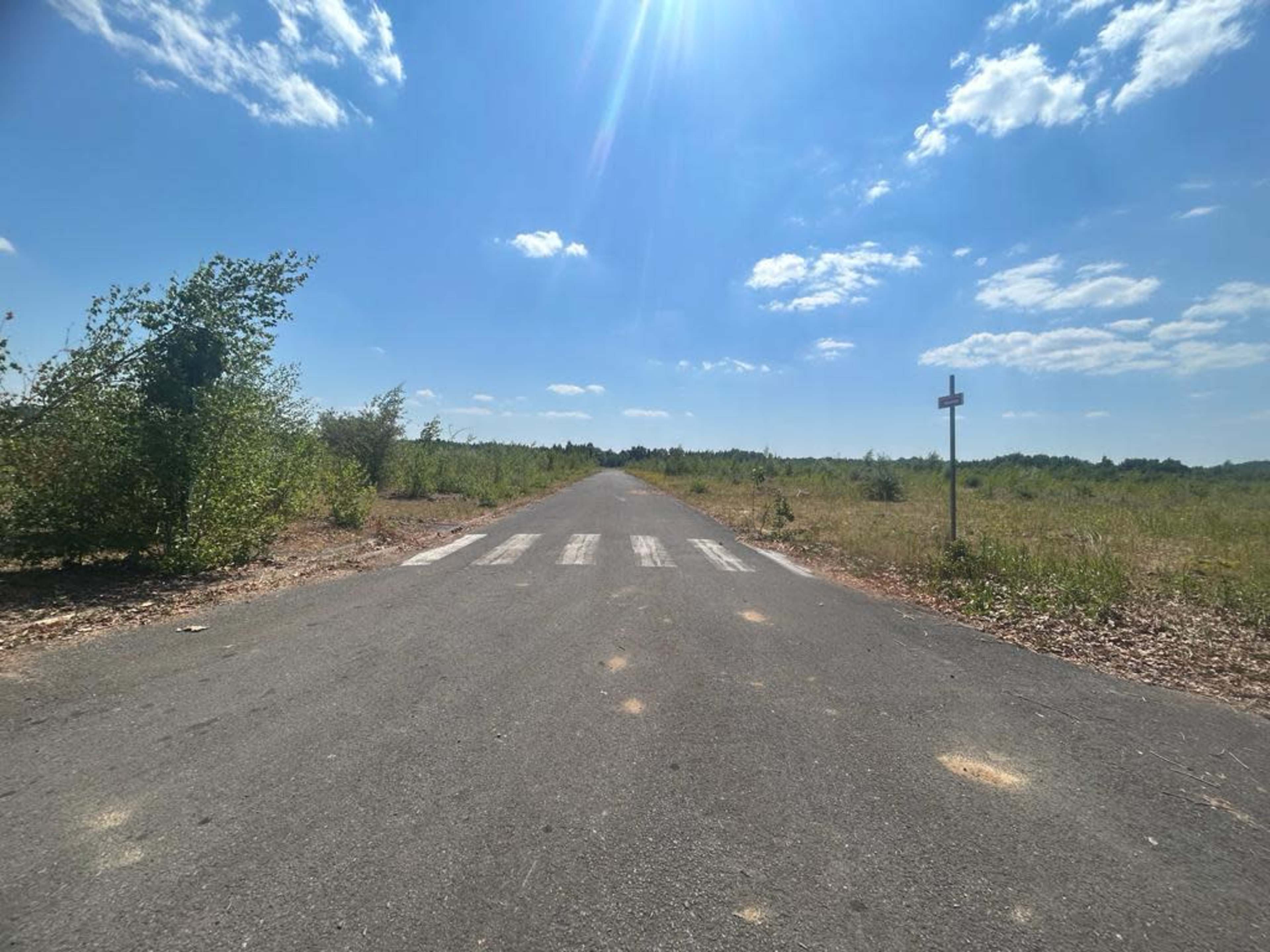 A straight, asphalt road with a pedestrian crossing runs through a sparsely vegetated landscape under a clear blue sky.