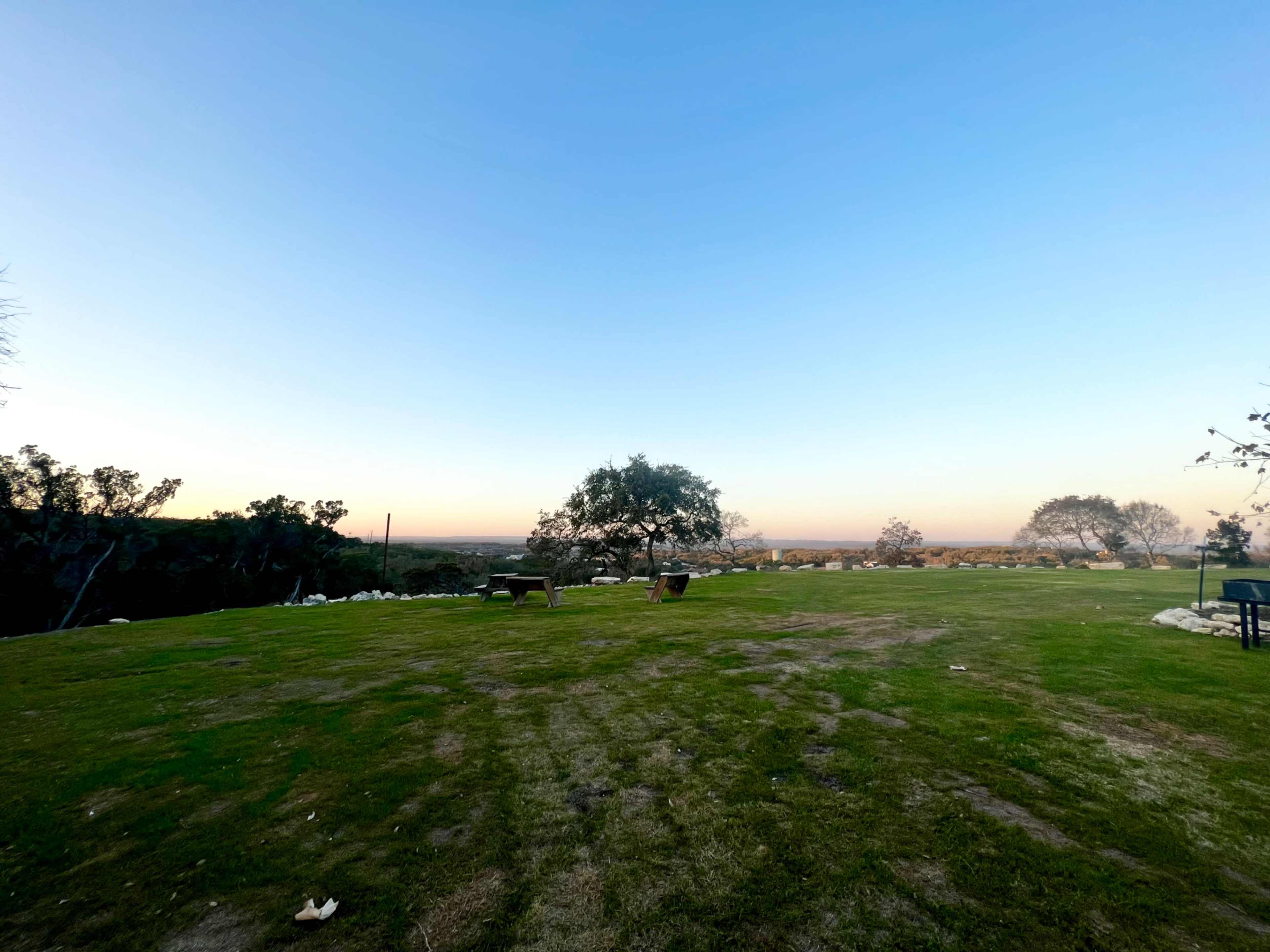 A grassy landscape with two benches under a tree, overlooking a distant view at sunset.