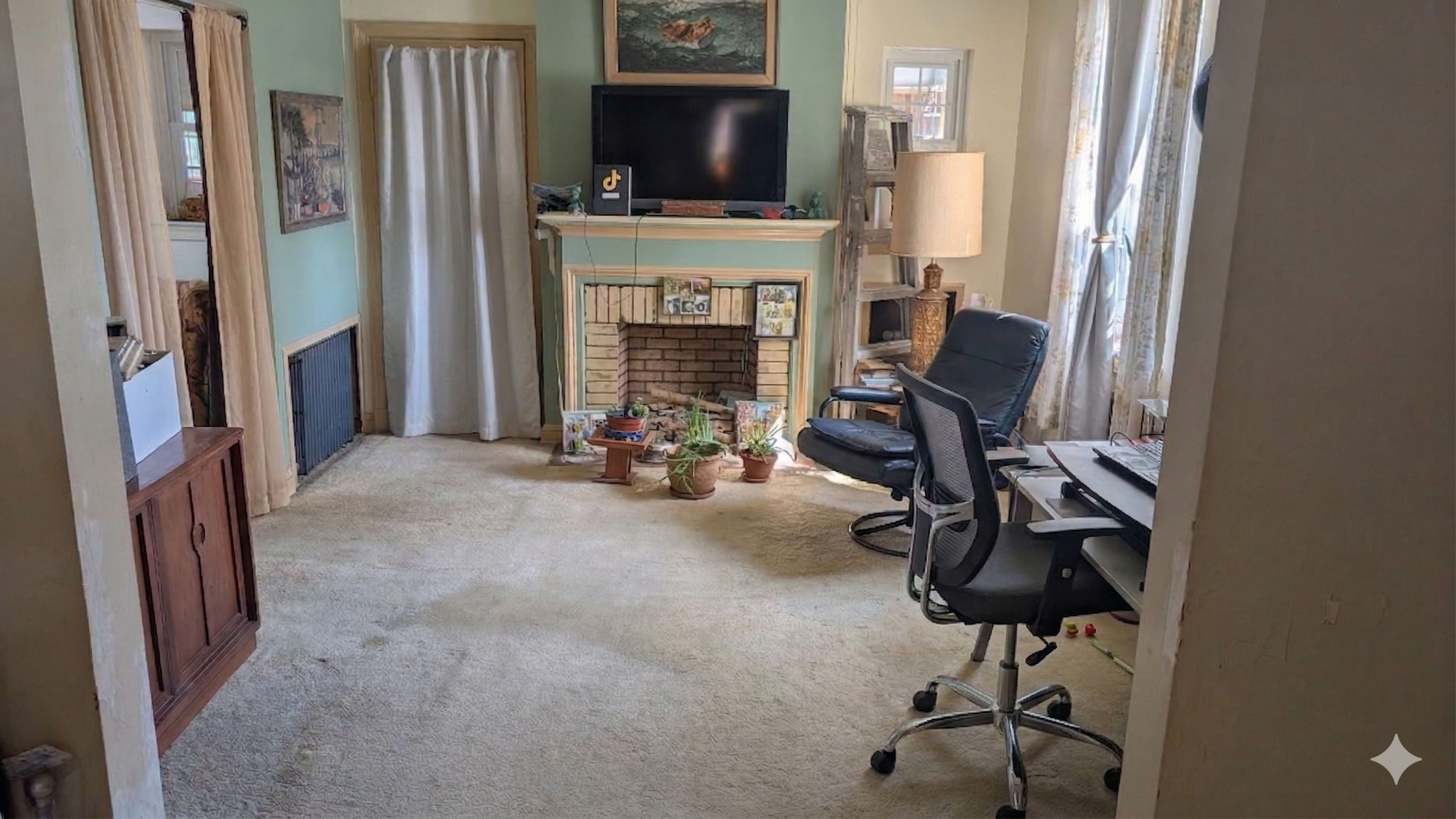 The scene depicts a room with a carpeted floor, a fireplace surrounded by plants, a television mounted on the wall, and a desk with a black office chair.