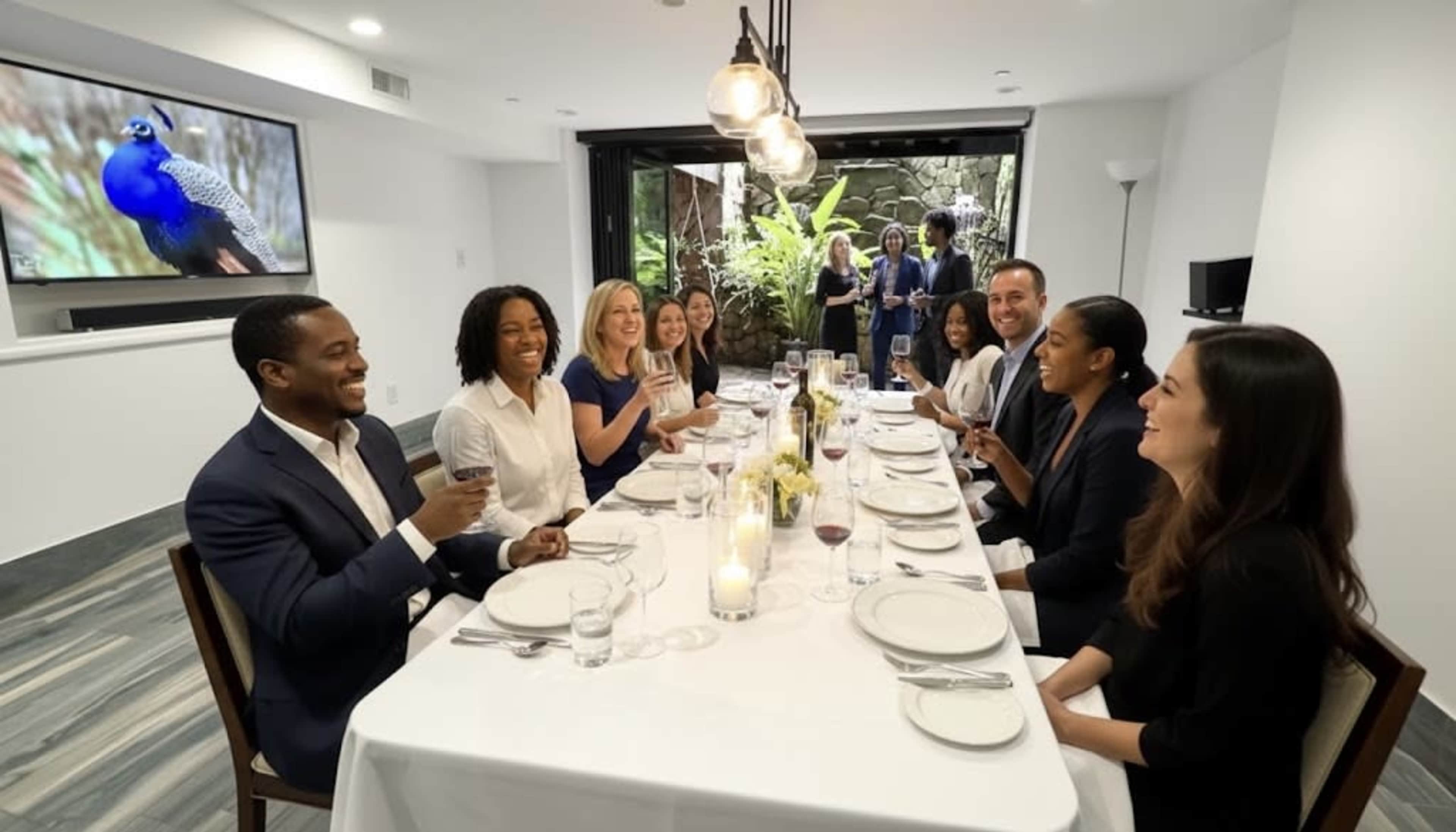 A group of ten people are sitting around a dinner table, smiling and holding glasses, with a large window showing greenery and a bird on a screen in the background.