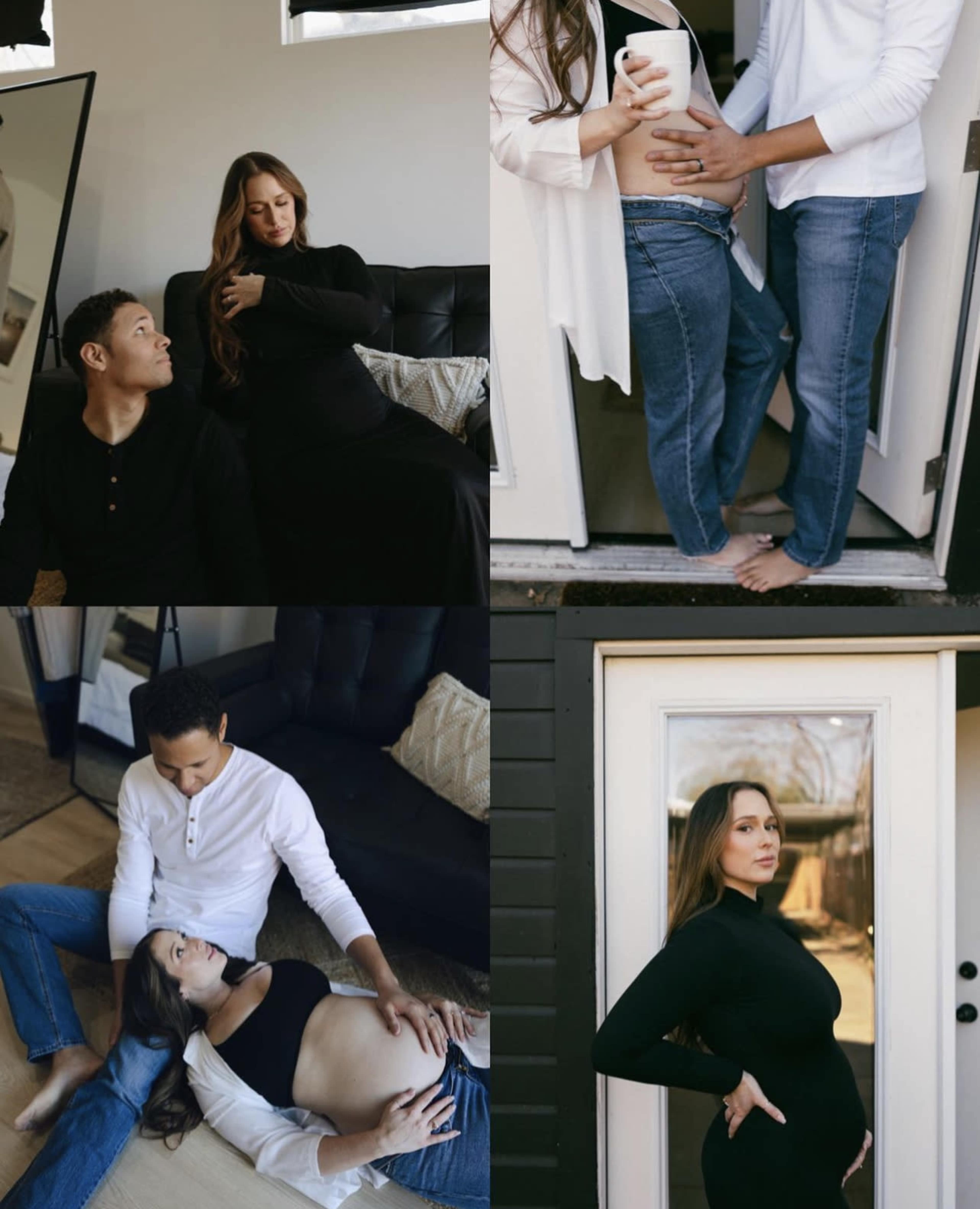 The image features a series of four intimate moments between a couple during pregnancy, showcasing their connection and affection in various settings.