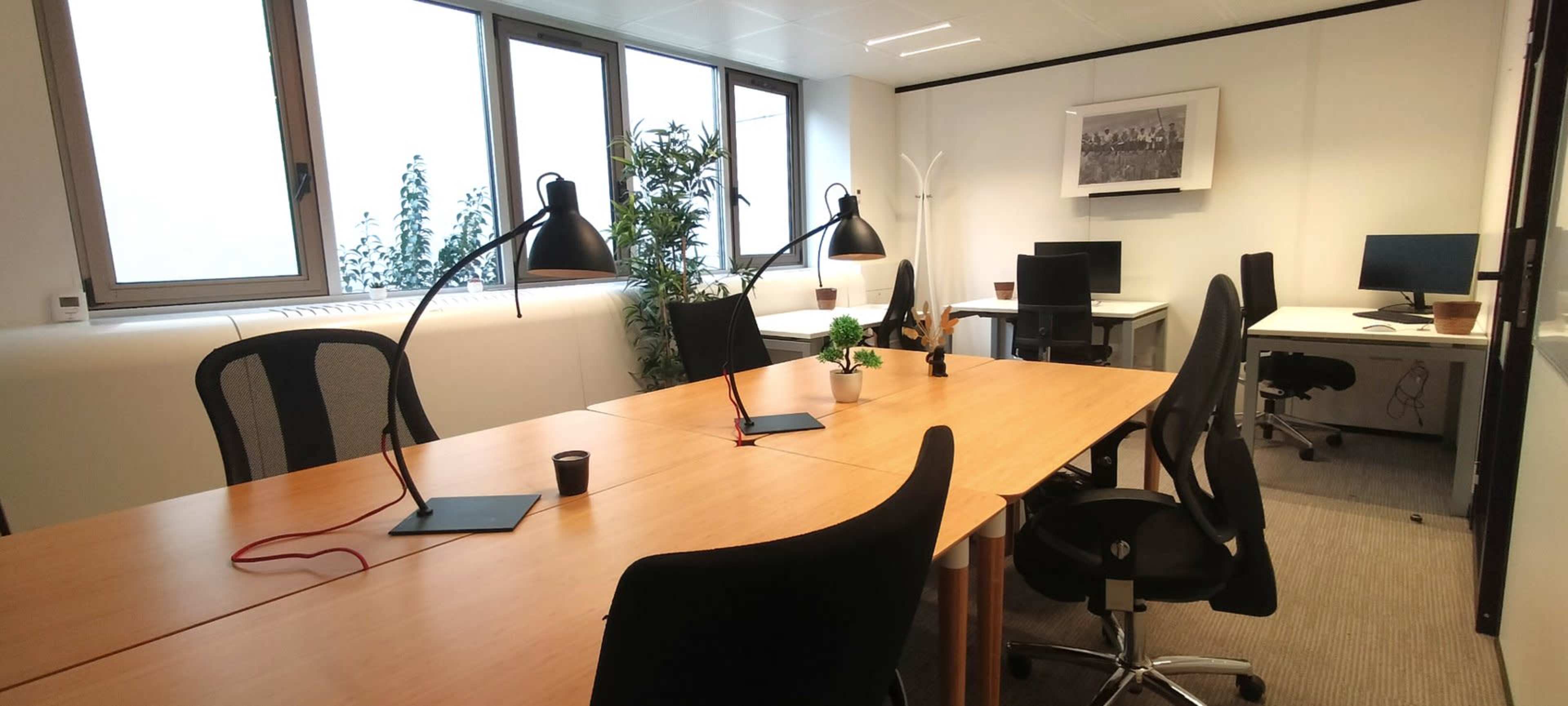 The image shows a modern office space with multiple desks, task lamps, potted plants, and large windows letting in natural light.