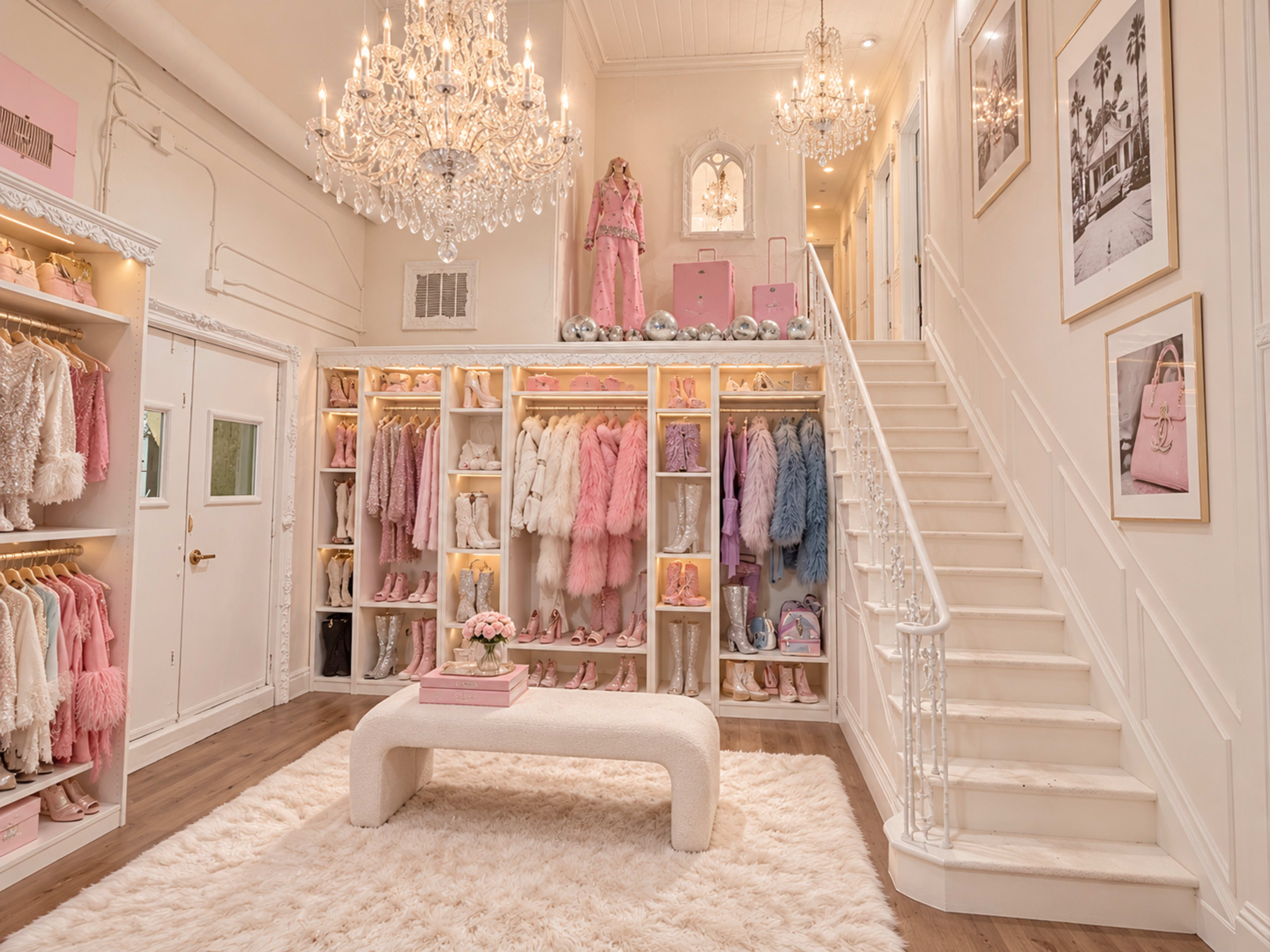 The image shows a stylish boutique interior with a staircase leading to a well-organized display of clothing and accessories in pastel colors, illuminated by chandeliers.