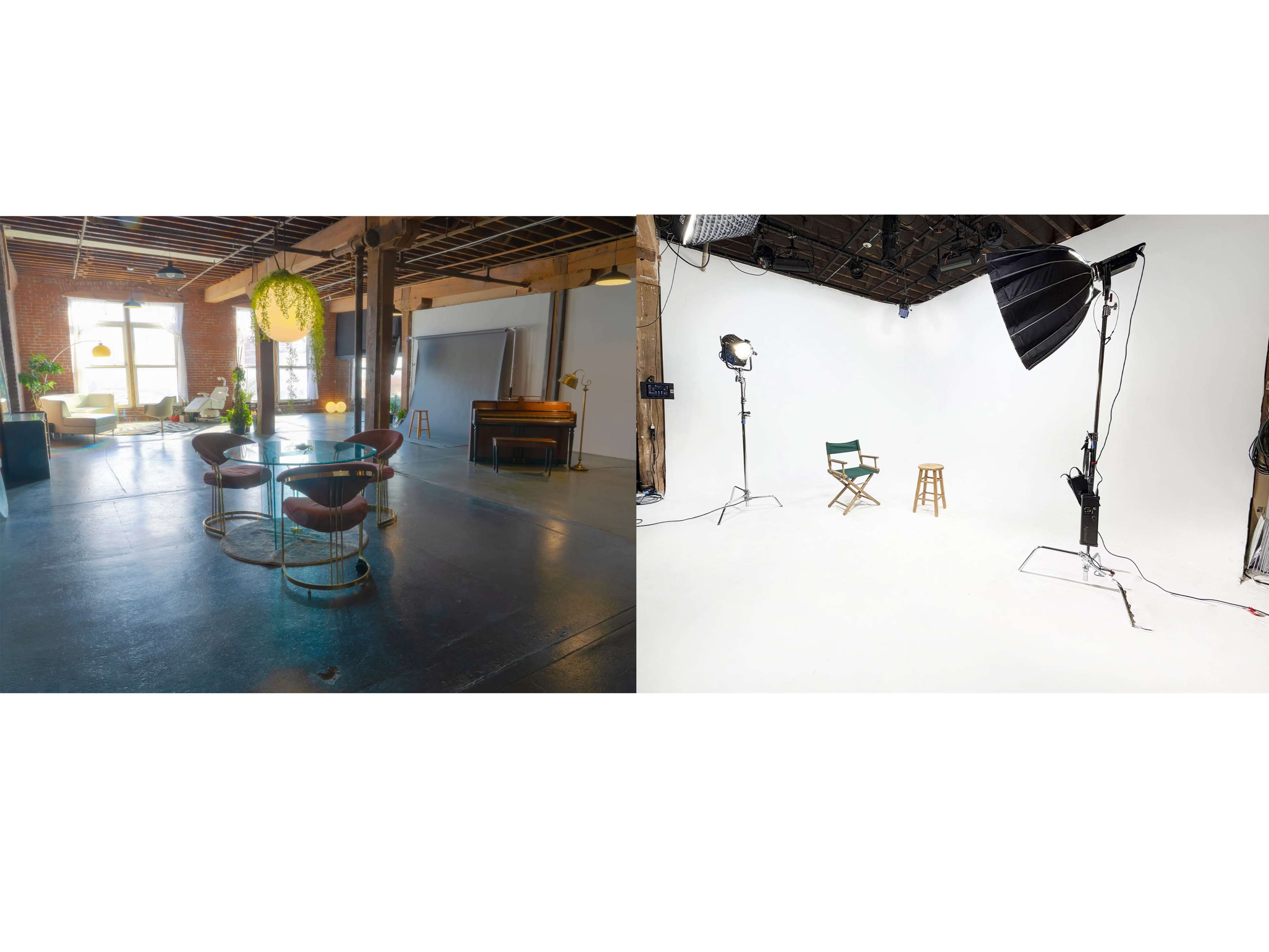 The image showcases two distinct studio spaces: the left features a cozy seating area with plants and a piano, while the right presents a minimalistic photography setup with lights and a director's chair against a white backdrop.