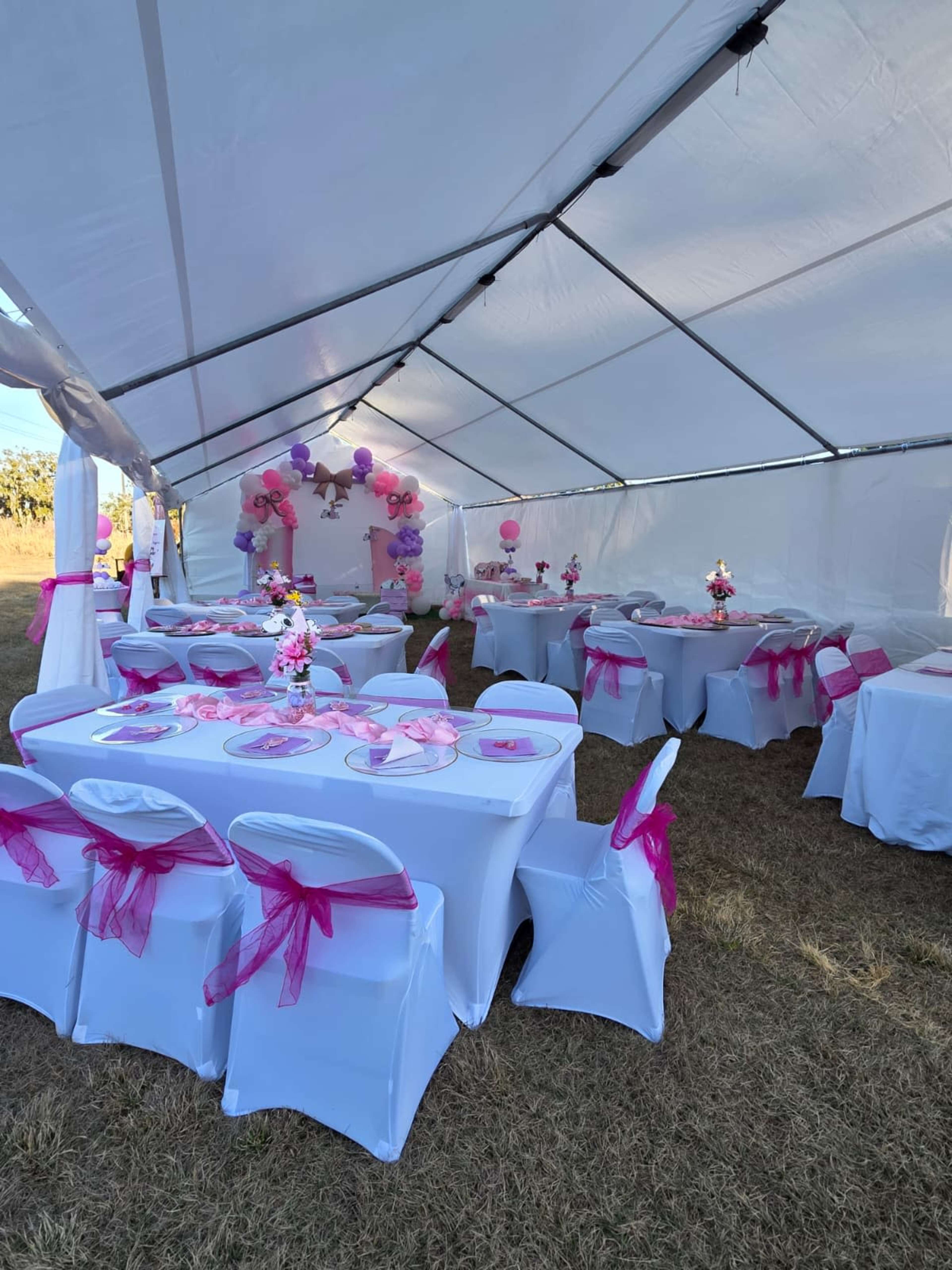A tented event space features white tables with pink tableware and decorations, arranged under a large canopy.