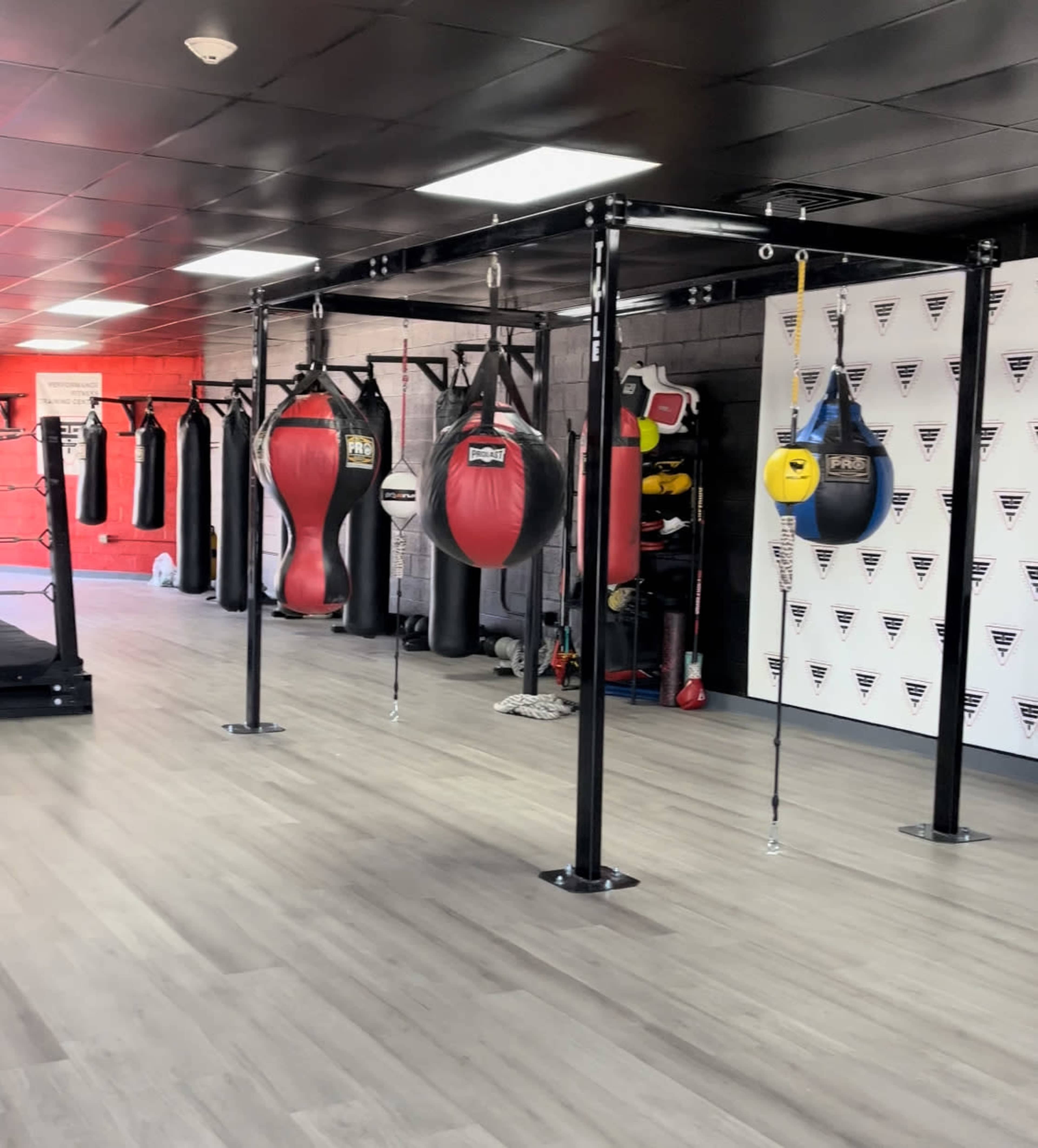 The image shows a boxing gym interior with several hanging punching bags arranged in a row along one side.